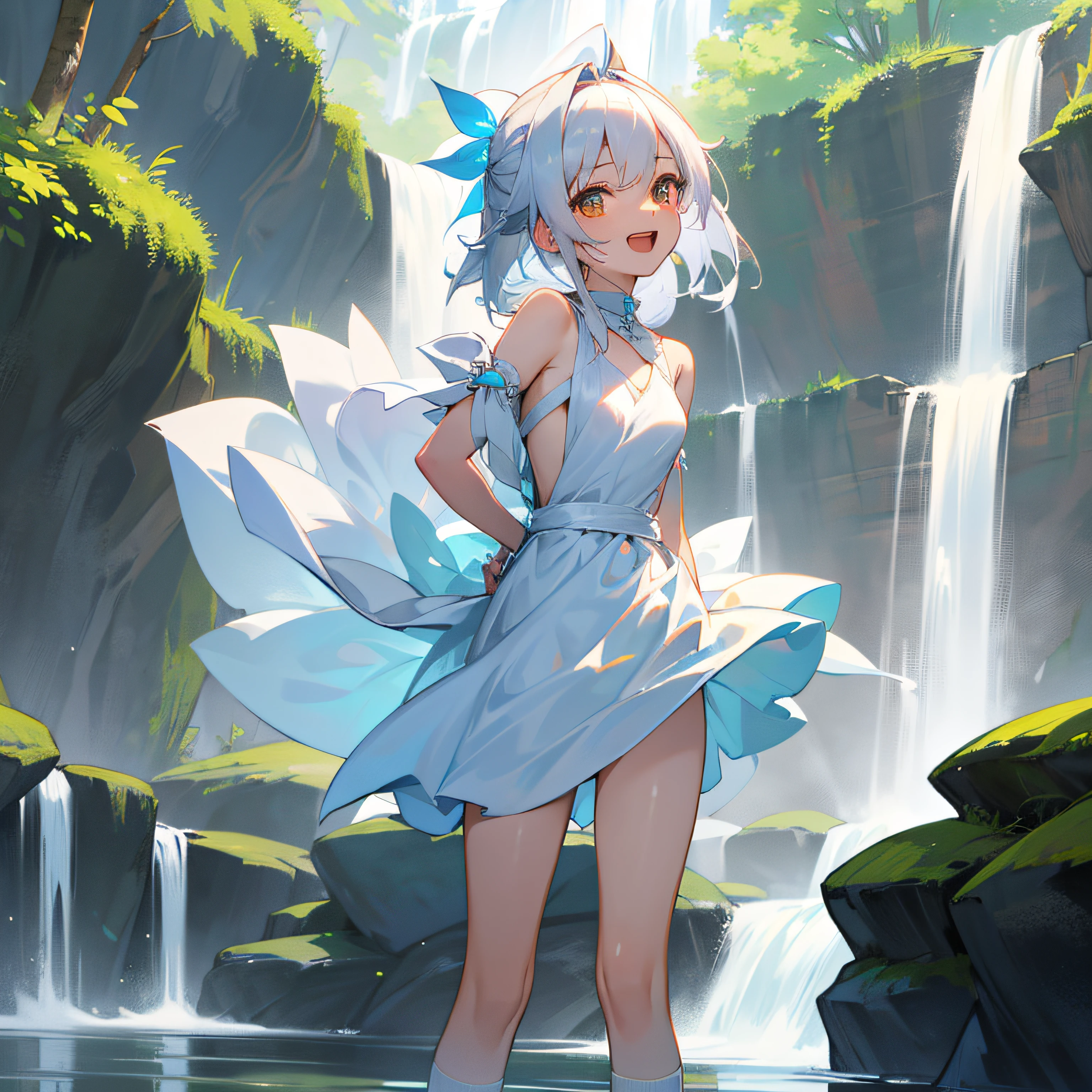 Next to the waterfall,A female high school student,with hands behind her back,Bend slightly to the right,wedding gown,bride,White silk socks,Hair color:Silvery-white hair。Skin color:White-yellow。Pupil color of the eyes:golden。body high:170。nature:Playful,having fun,Rejoice,exhilarated。boobgasm:D --auto