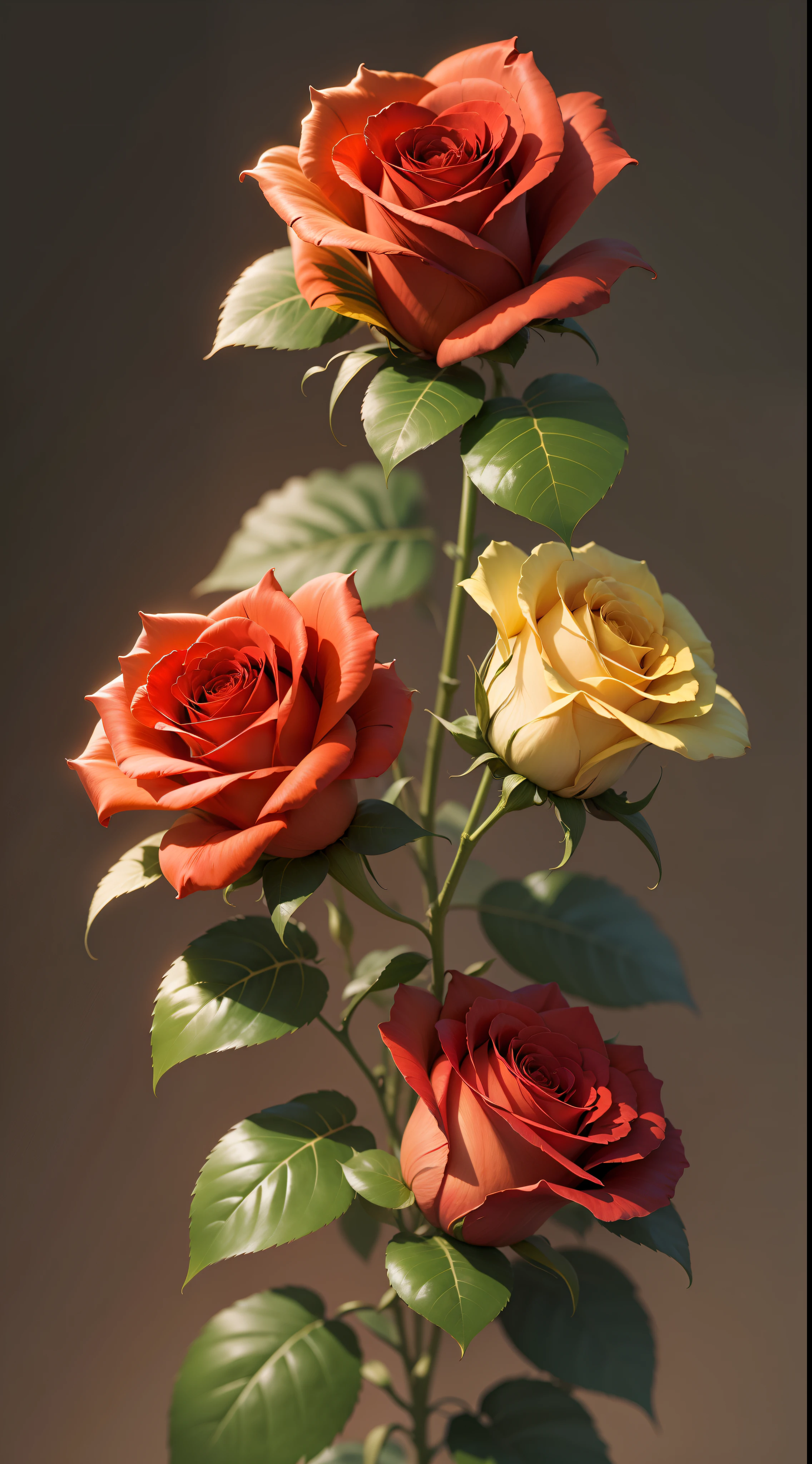 Three red roses, three yellow roses in tree,rose,dark background,high resolution,high quality,blue roses