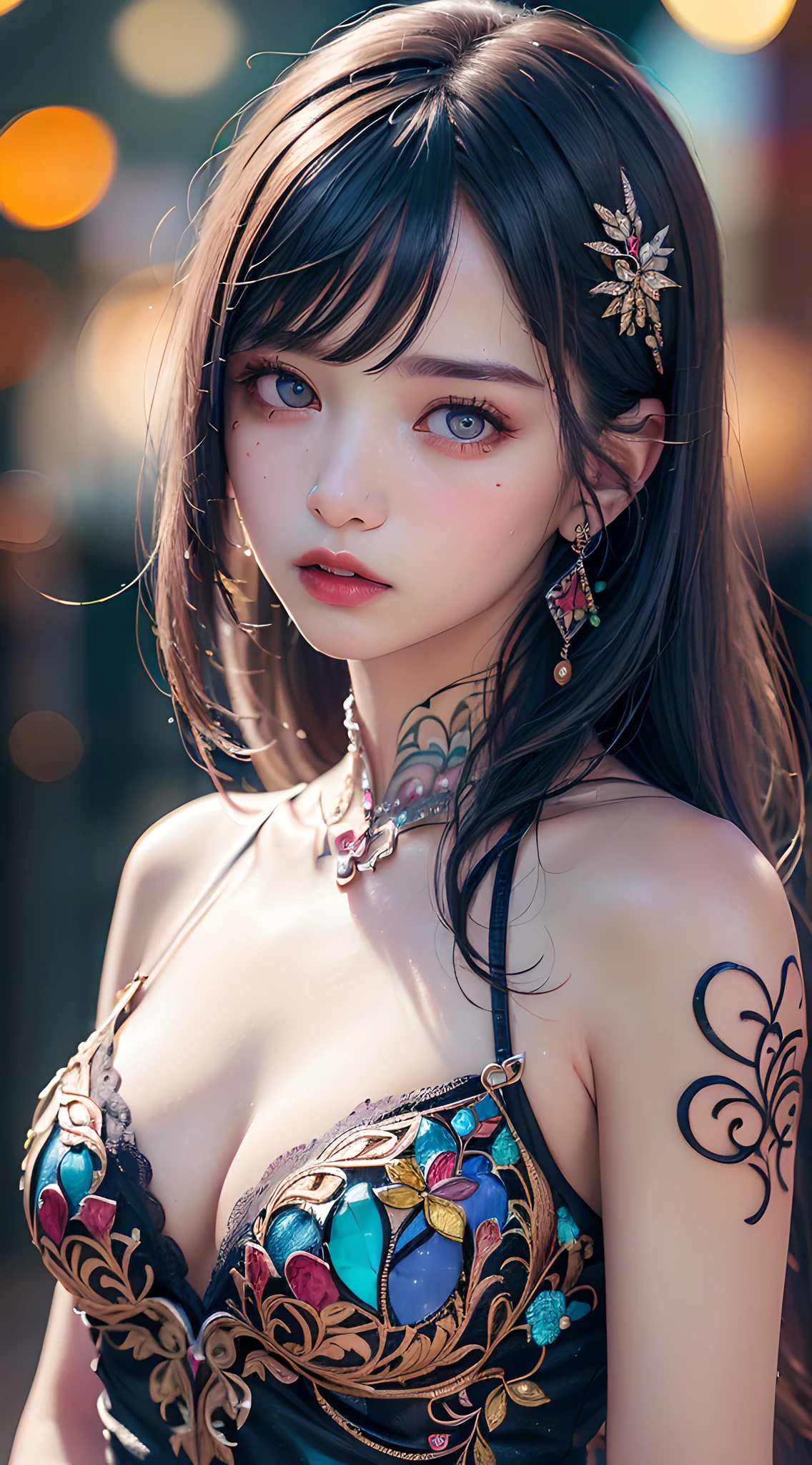 (masterpiece, best quality:1.4), delicate girl, solo, (upper body:1.2), violaceaess, 8k, absurdres, black eyes, (dress, graceful pose:1.2), detailed embroidery, detailed tattoo, close up face, (vivid colors:1.6), clear lighting, detailed face, stainedglassai, (night, dark background:1.5), (bokeh background:1.8), (multicolored hair, white hair:1.2)