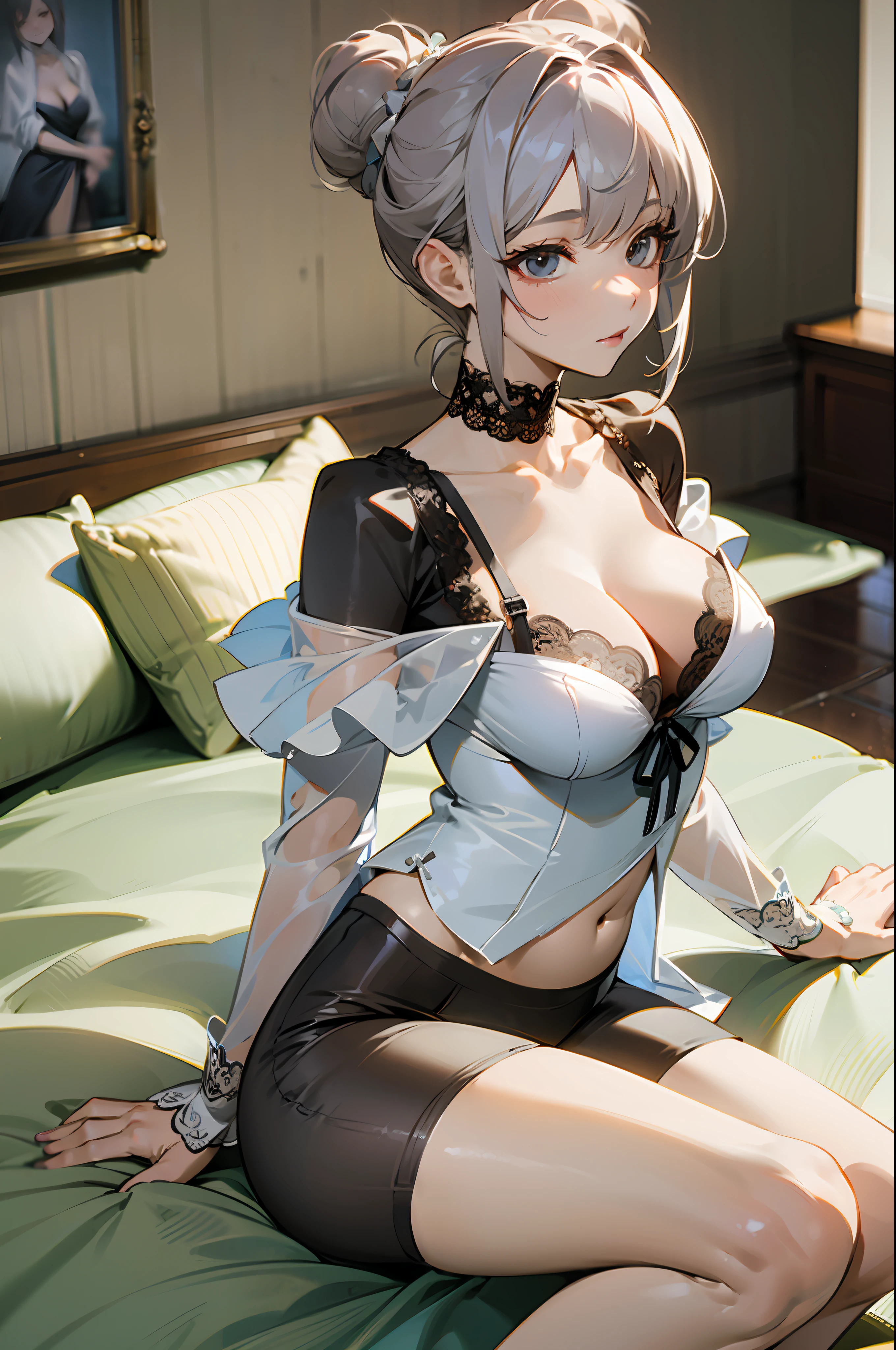 best qualtiy， 超高分辨率， （realisticlying：1.4）， 1girll， Off-shoulder white shirt， Black tight skirt， a black choker， （Faded gray gray messy bun：1）， faded ash-gray hair， （big cleavage breasts：1.2）， looking at viewert， closeup cleavage，
  ,see-through transparent clothes，lace panty，White skin, Beautiful long legs，Raised sexy，，seductiv，succubi，white under lingerie，Bare waist and back