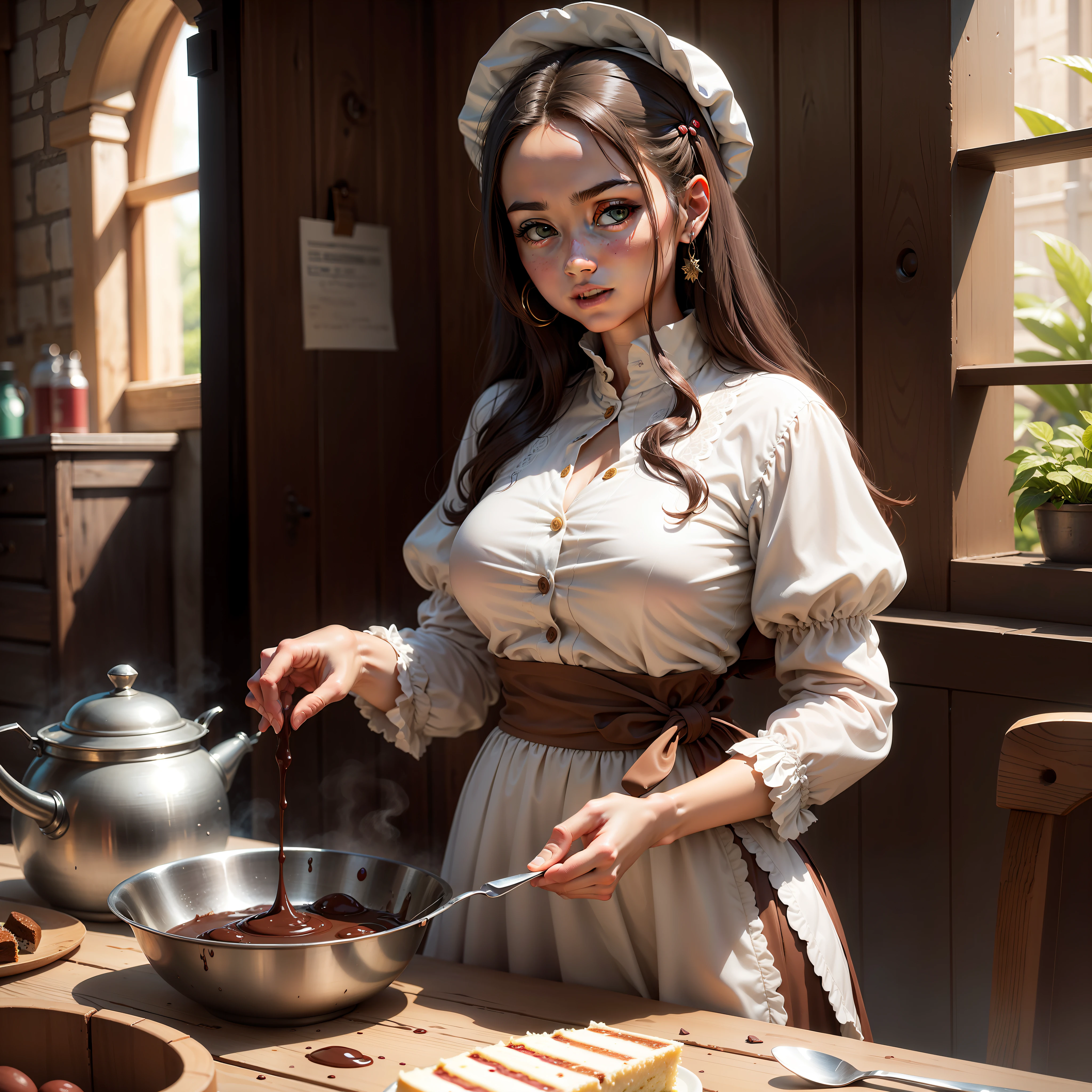 Desenvolva uma imagem ultra-realista em 8K, of impeccable quality and with the level of a masterpiece (1.3), retratando uma cena encantadora da era medieval com elementos que remetam a bolos caseiros. A imagem deve ser focada com nitidez (foco nítido: 1.2), destacando cada detalhe da cena. A mulher feliz, vestida com roupas medievais, deve ser representada com textura facial e de pele altamente detalhada, com olhos igualmente detalhados, displaying a double eyelid. Sua pele deve ter uma tonalidade bronzeada, giving it an authentic and characteristic look. Enquanto ela mistura cuidadosamente os ingredientes frescos, O bolo de cenoura com cobertura de chocolate deve ser mostrado com um fino, moist texture, estendendo-se ao comprimento de sua camisa (fino, damp button up to the length of the shirt: 1.1). The lighting in the scene should be soft, com um tom dourado e aconchegante, refletindo uma luz suave vinda de velas ou janelas, para destacar cada detalhe.
Ao redor da mulher, na mesa de madeira robusta, Other delicious handmade cakes should be displayed to perfection, representing different flavors and decorations, mas o destaque deve ser o bolo de cenoura com cobertura de chocolate. The scene should convey a sense of happiness, Cooking Skill and Joy, evoking memories of homemade cakes being shared in a bygone era. Os outros personagens presentes na cena, vestidos com roupas medievais, como camponeses, padeiros ou nobres, They should also be portrayed in vivid, high-quality detail, emphasizing the diversity of expressions and dress of the time