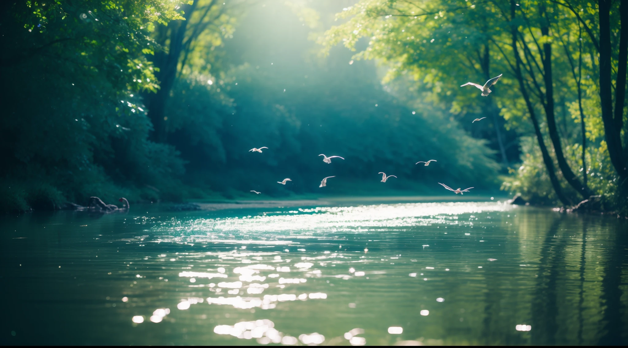 Brook in the countryside, in woods, Clean water surface, Diffuse reflection of light, crystal-clear water, Fresh green, sony a7, film gain, a dark night, Cinematic lighting, Photorealistic, one-point perspective, 32K, diffuse reflection, colorful shiny particles, flying colorful birds, colorful water splash, sharpness, Lens Flare, sharp reflection light