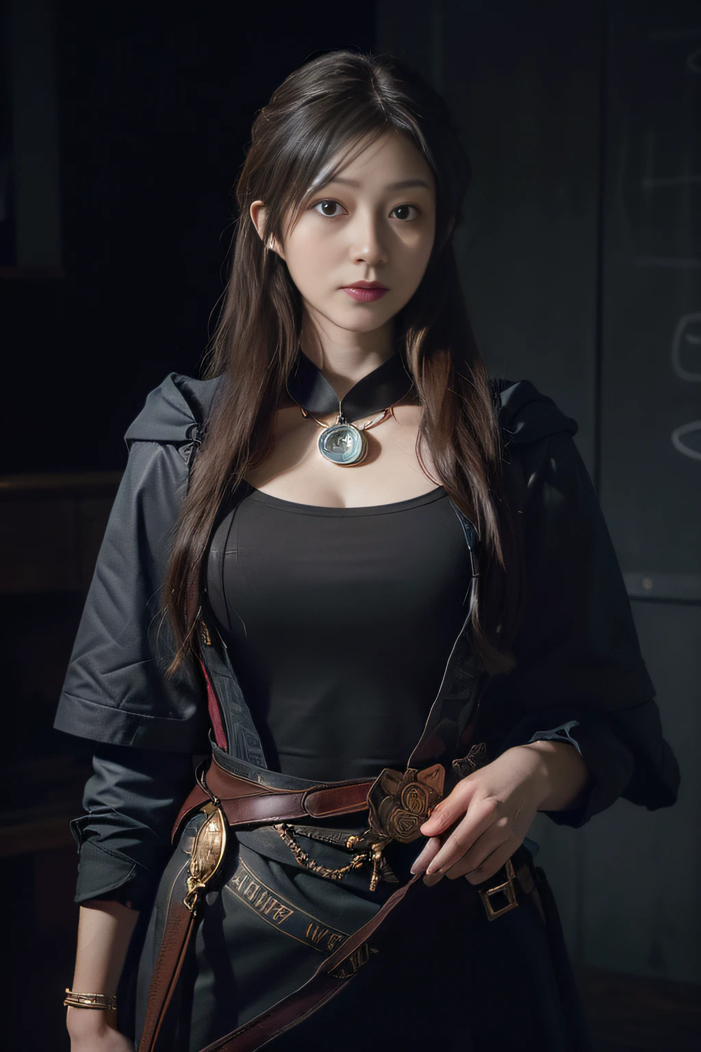 (front focus),(in the dark:1.6), Hyperrealist portrait of female by david hockney and alphonse mucha,fantasy art, photo realistic, dynamic lighting, artstation, poster, volumetric lighting, very detailed faces, 4 k, award winning,, 1girl, in the dark, deep shadow, low key,cowboy shot,(official clothing:1.4) ,long hair,white hair,