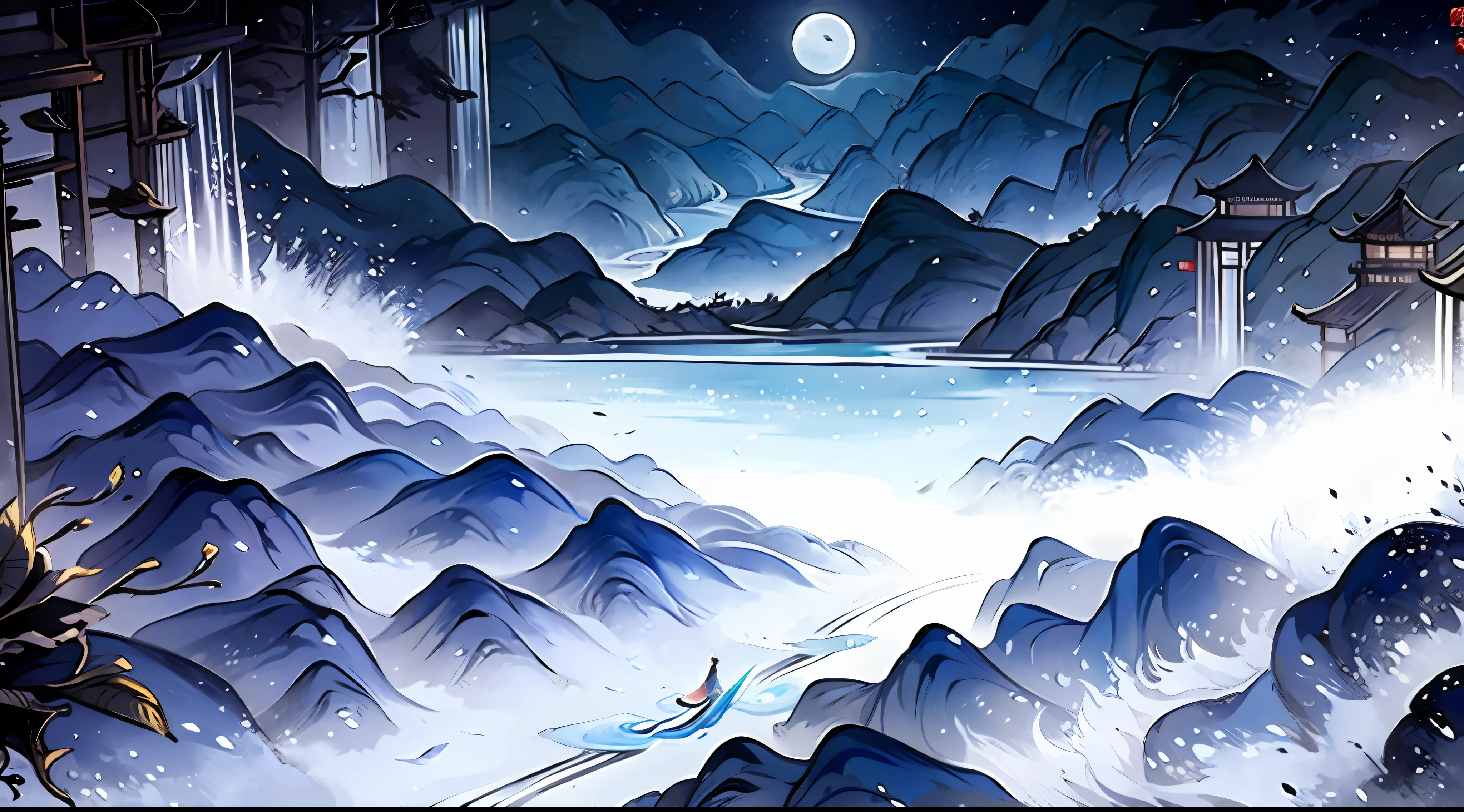 An ancient Chinese painting， Ancient Chinese background， mountain ranges， rios，Full moon and floating clouds， small bridge flowing water，rays of moonlight， tmasterpiece， super detailing， Epic composition， hyper HD， high qulity， extremely detaile， offcial art， 统一 8k 壁纸， super detailing， 32k -- v 6