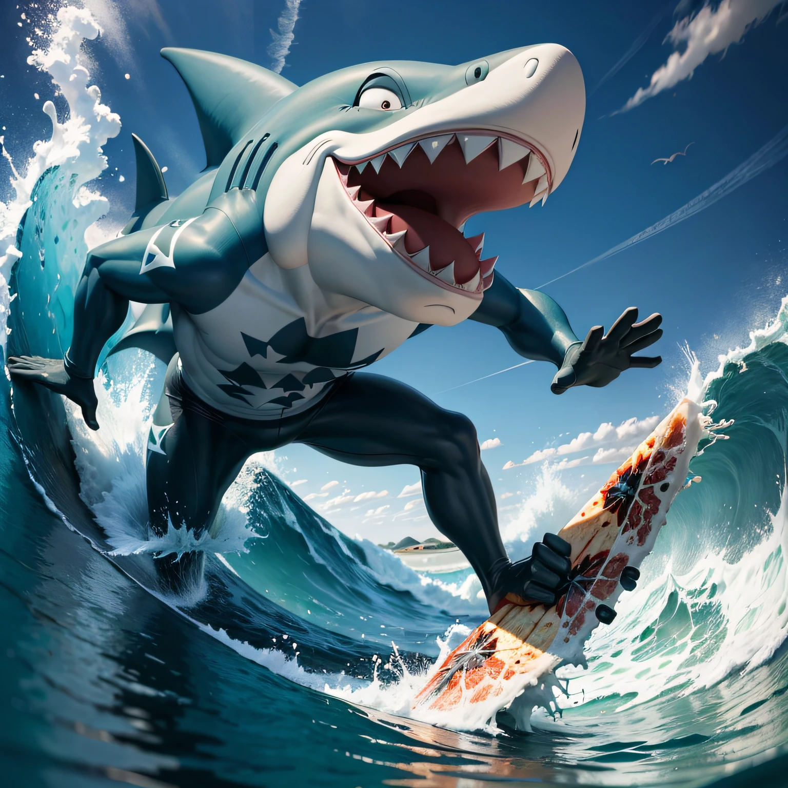 there is a cartoon shark eaitng pizza during surfing --auto