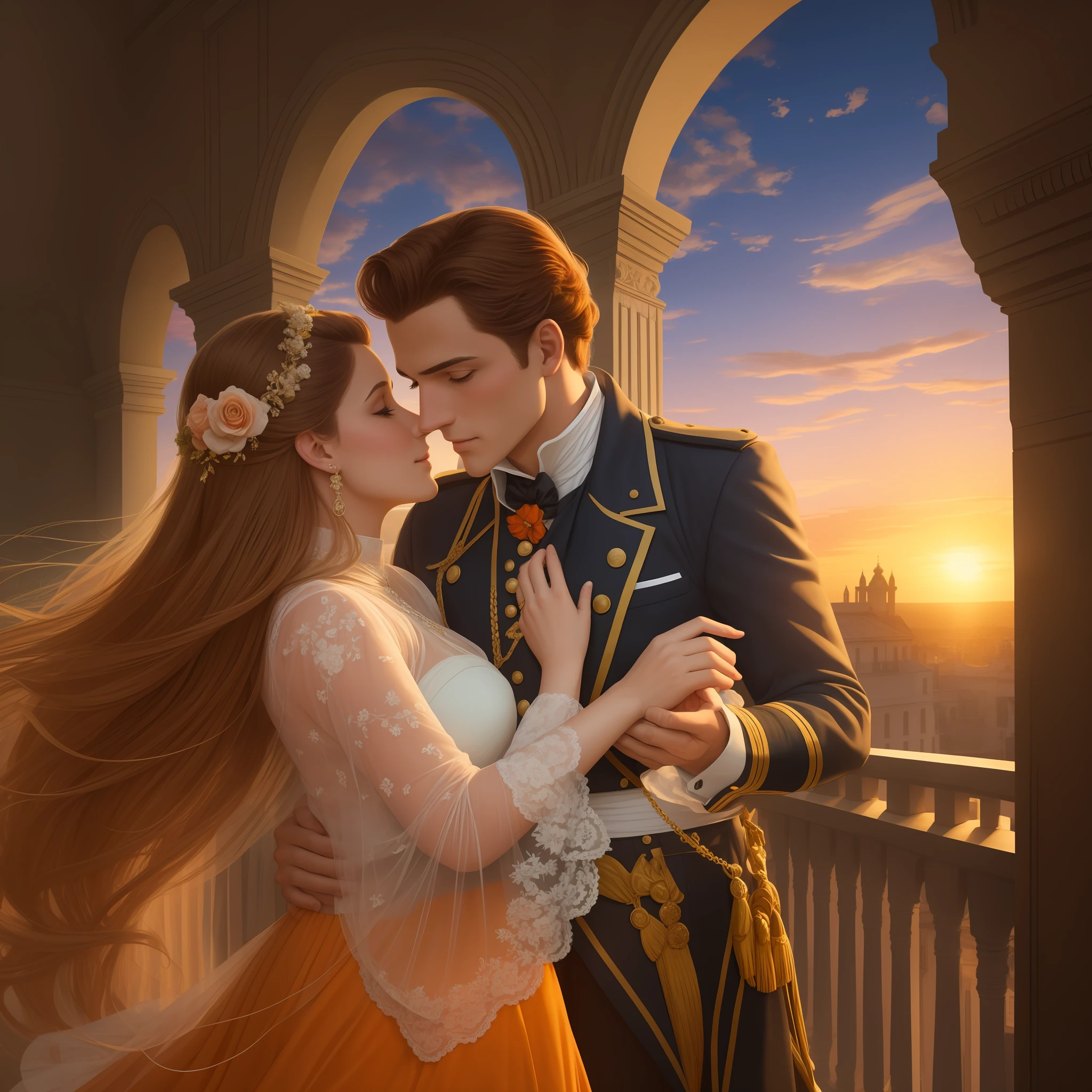 Prompt: Create an illustration of a romantic period couple in the Regency period of the nineteenth century, on a balcony at sunset. The woman has loose brown hair and is wearing an elegant light orange and airy dress. The man is dressed in a formal military uniform of the time, com uma capa nos ombros. They are embraced, enjoying the view of the golden sunset, com os raios de luz iluminando o ambiente e seu amor. The balcony has a classic architecture, com colunas ornamentadas e trepadeiras enfeitando a estrutura. The sky is painted in warm shades of orange, Rosa e violeta, reflecting the romantic colors of the sunset. A cena transmite uma atmosfera de serenidade, romance and nostalgia for the Regency period of the nineteenth century.