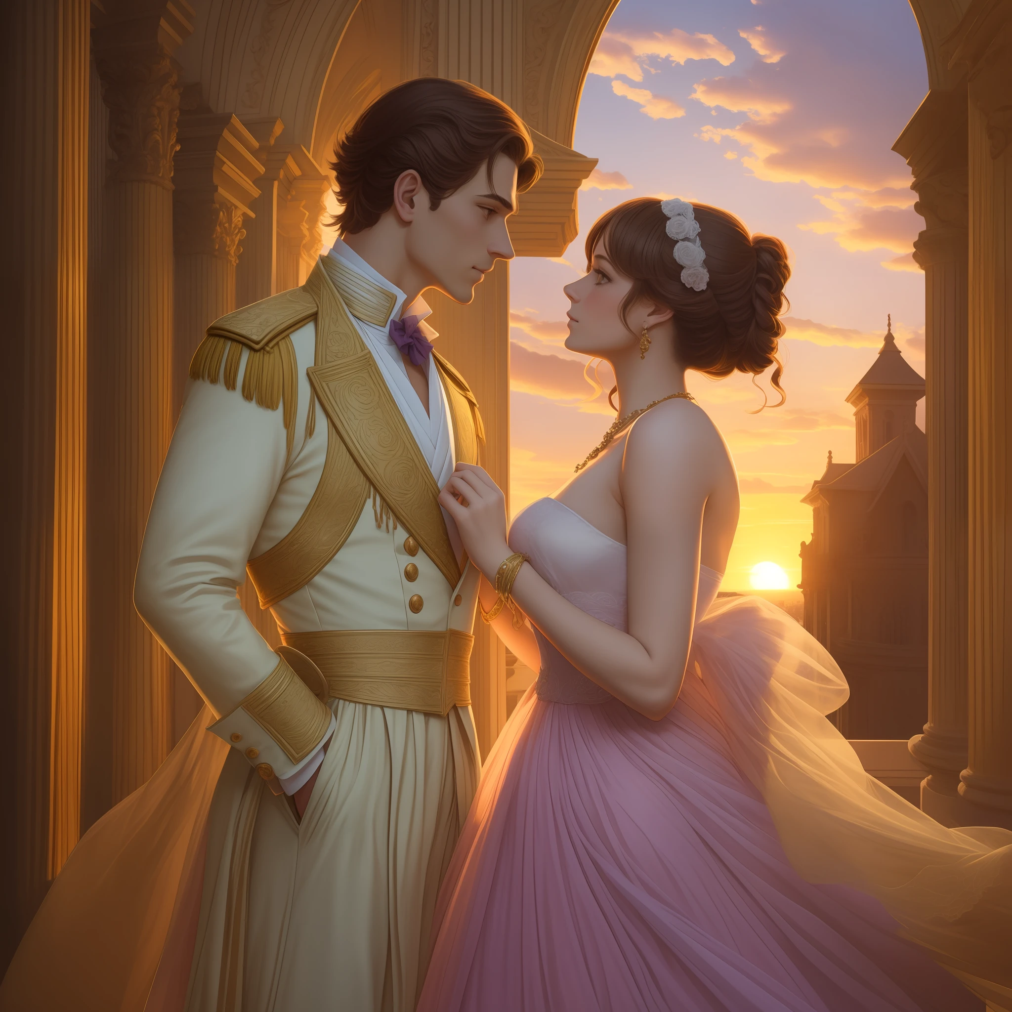 Prompt: Create an illustration of a romantic period couple in the Regency period of the nineteenth century, on a balcony at sunset. The woman has loose brown hair and is wearing an elegant light orange and airy dress. The man is dressed in a formal military uniform of the time, com uma capa nos ombros. They are embraced, enjoying the view of the golden sunset, com os raios de luz iluminando o ambiente e seu amor. The balcony has a classic architecture, com colunas ornamentadas e trepadeiras enfeitando a estrutura. The sky is painted in warm shades of orange, Rosa e violeta, reflecting the romantic colors of the sunset. A cena transmite uma atmosfera de serenidade, romance and nostalgia for the Regency period of the nineteenth century.