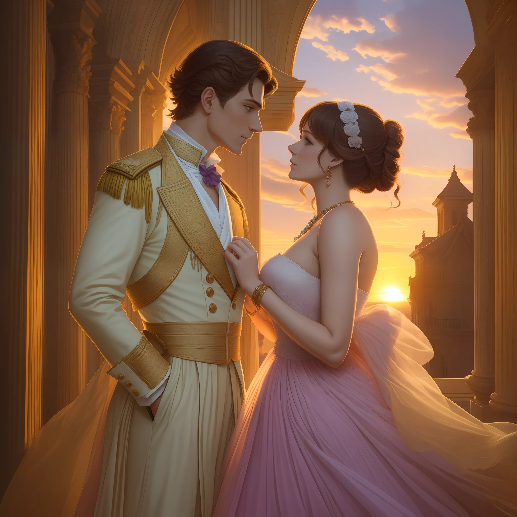 Prompt: Create an illustration of a romantic period couple in the Regency period of the nineteenth century, on a balcony at sunset. The woman has loose brown hair and is wearing an elegant light orange and airy dress. The man is dressed in a formal military uniform of the time, com uma capa nos ombros. They are embraced, enjoying the view of the golden sunset, com os raios de luz iluminando o ambiente e seu amor. The balcony has a classic architecture, com colunas ornamentadas e trepadeiras enfeitando a estrutura. The sky is painted in warm shades of orange, Rosa e violeta, reflecting the romantic colors of the sunset. A cena transmite uma atmosfera de serenidade, romance and nostalgia for the Regency period of the nineteenth century.
