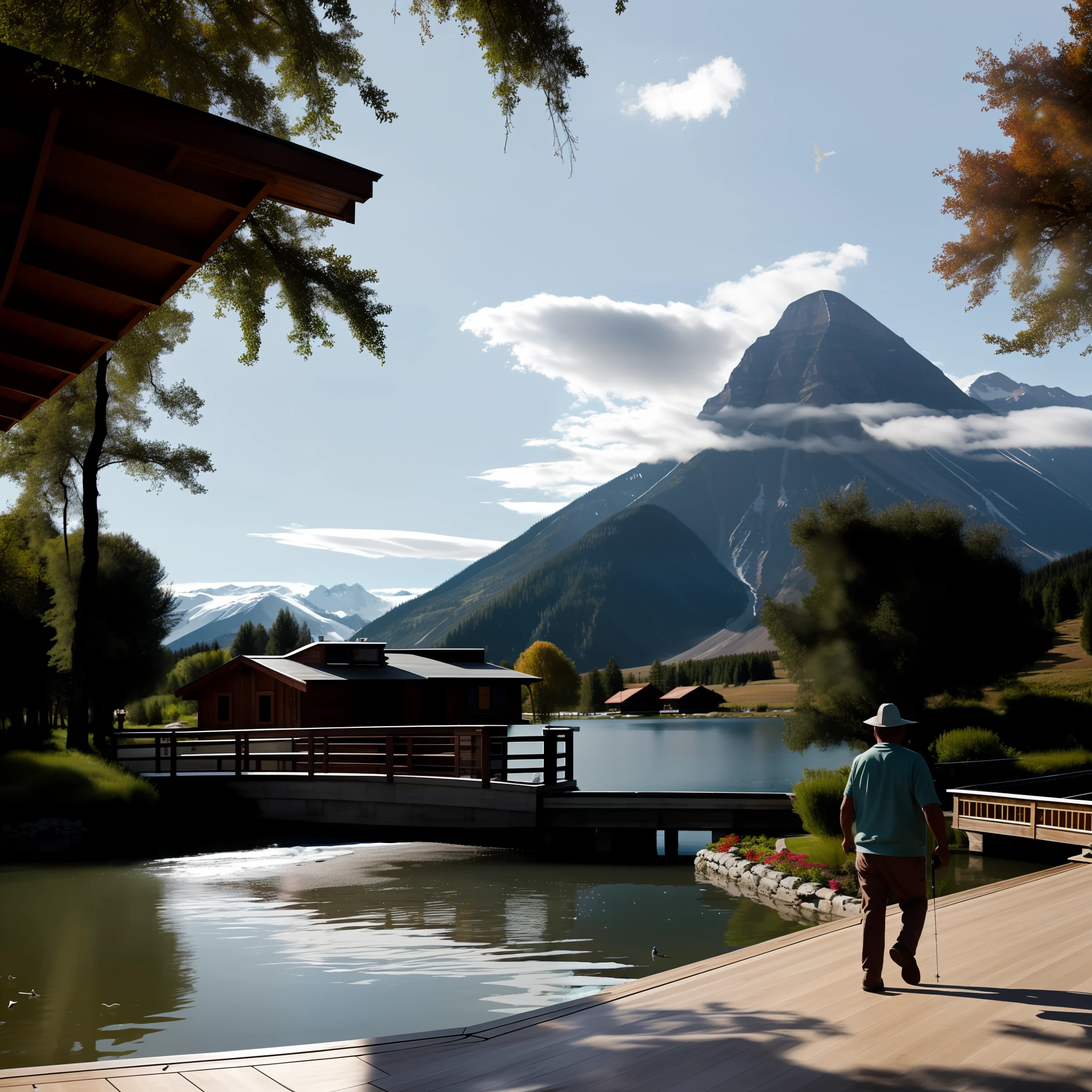 A beautiful scenery, ice mountain, lake front of mountains, there's a small wooden house, a man and a woman walking, a person is doing fishing, a beautiful fountain coming from mountains, there's a small wooden boat in lake, fishes, hyper realistic, light pink weather, clouds, wooden bridge, birds, shine mountains, flying birds,