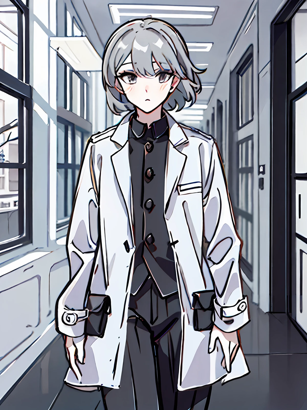 Gray hair，Black eyes，schoolboy，young 17 years old，high school senior，Black and white coat，Walk the corridors inside the campus buildings，Eyes are confused