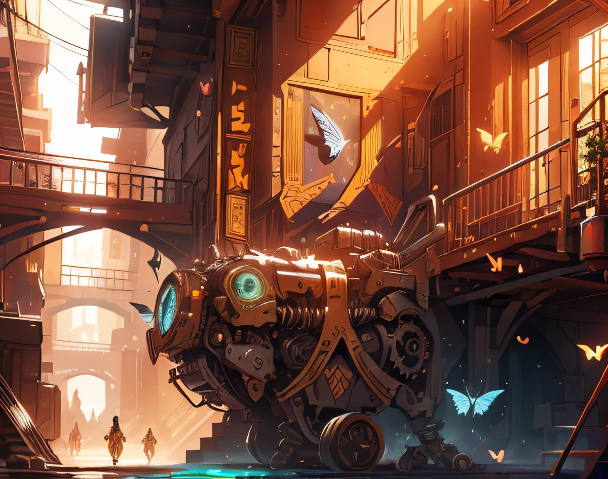 (illustration:1.3) ,Metallic,golden colored,springtime,3Drenderingof, mechanical decoration,Extremely colorful, Butterflies, Best quality, Detailed details, Masterpiece, offcial art, Cinematic lighting effects, 4K,