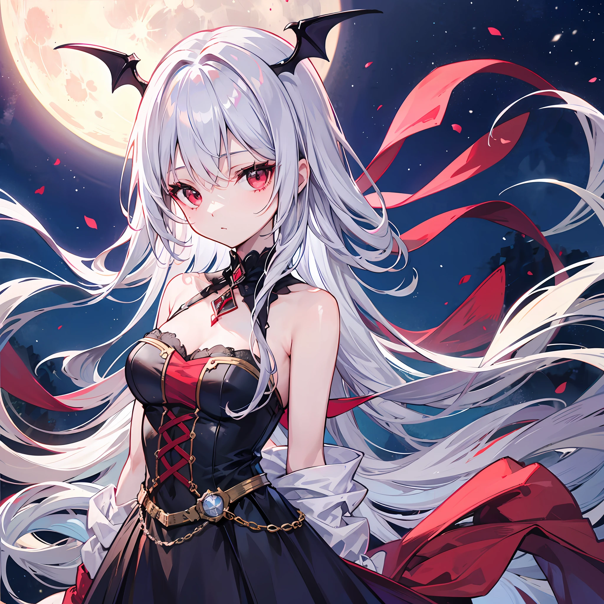 silber hair、One vampire girl、red eyes、off shoulders、a moon、natta