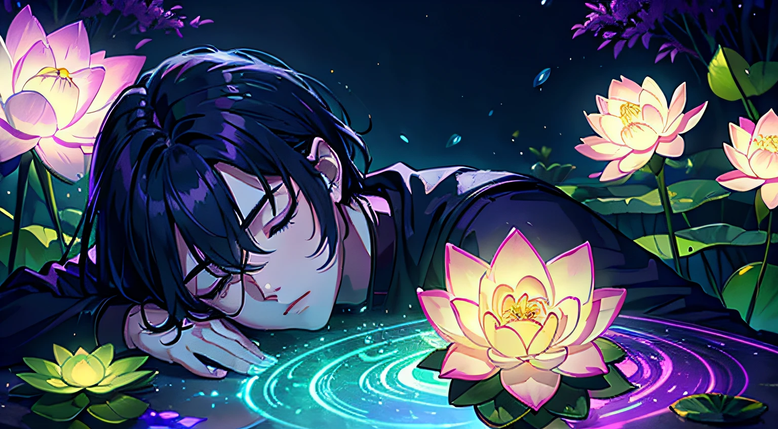 handsome god sleeping garden, glow lotus, iridescent digital fantasy night + Diffraction Grading + RTX + Moody Lighting + Ultraviolet + Fluorescent + Lightspeed   --K --stylize 10000 --chaos 25 --auto