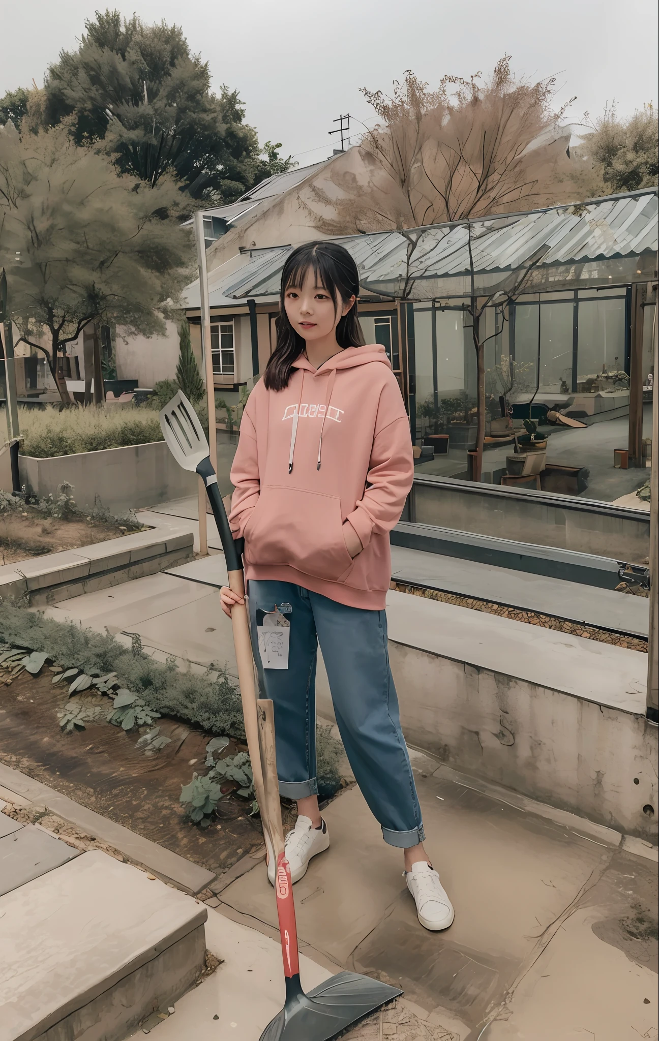 There was a girl standing in the garden with a shovel, on the garden, xintong chen, wearing farm clothes, jinyiwei, Li Zixin, She is the center of the garden, wenfei ye, shaxi, inspired by Ma Yuanyu, yuxiang chen, Lu Ji, In the garden, mingchen shen, wearing a pink hoodie