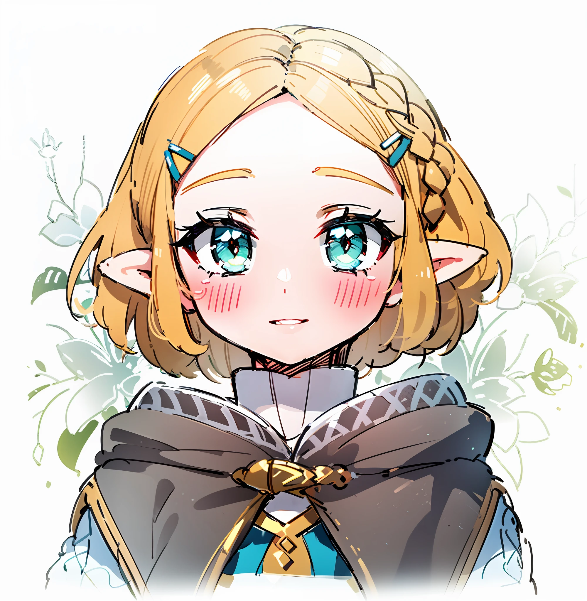 Zelda's hand-drawn cute short hair stands full of golden-green eyes, kingdom tears, and style with high details, Ultra HD smile parted lips