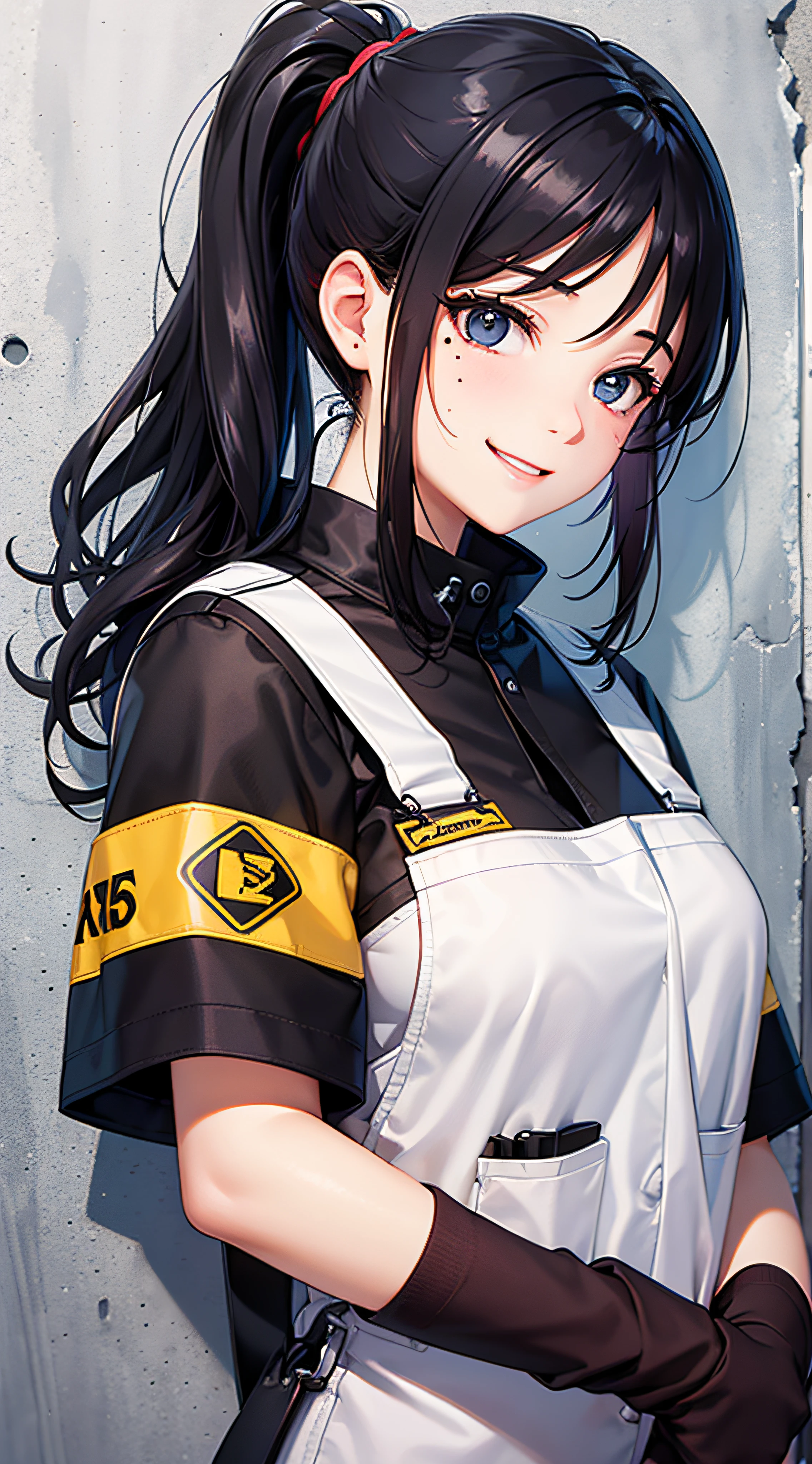 Best Quality、Illustration of a girl working in a mechanic workshop, With a full-length image、Ponytail with black hair、Black eye、the presence of moles under the eyes,、Wearing black work clothes、While wearing safety shoes、Smiling in front of a concrete wall