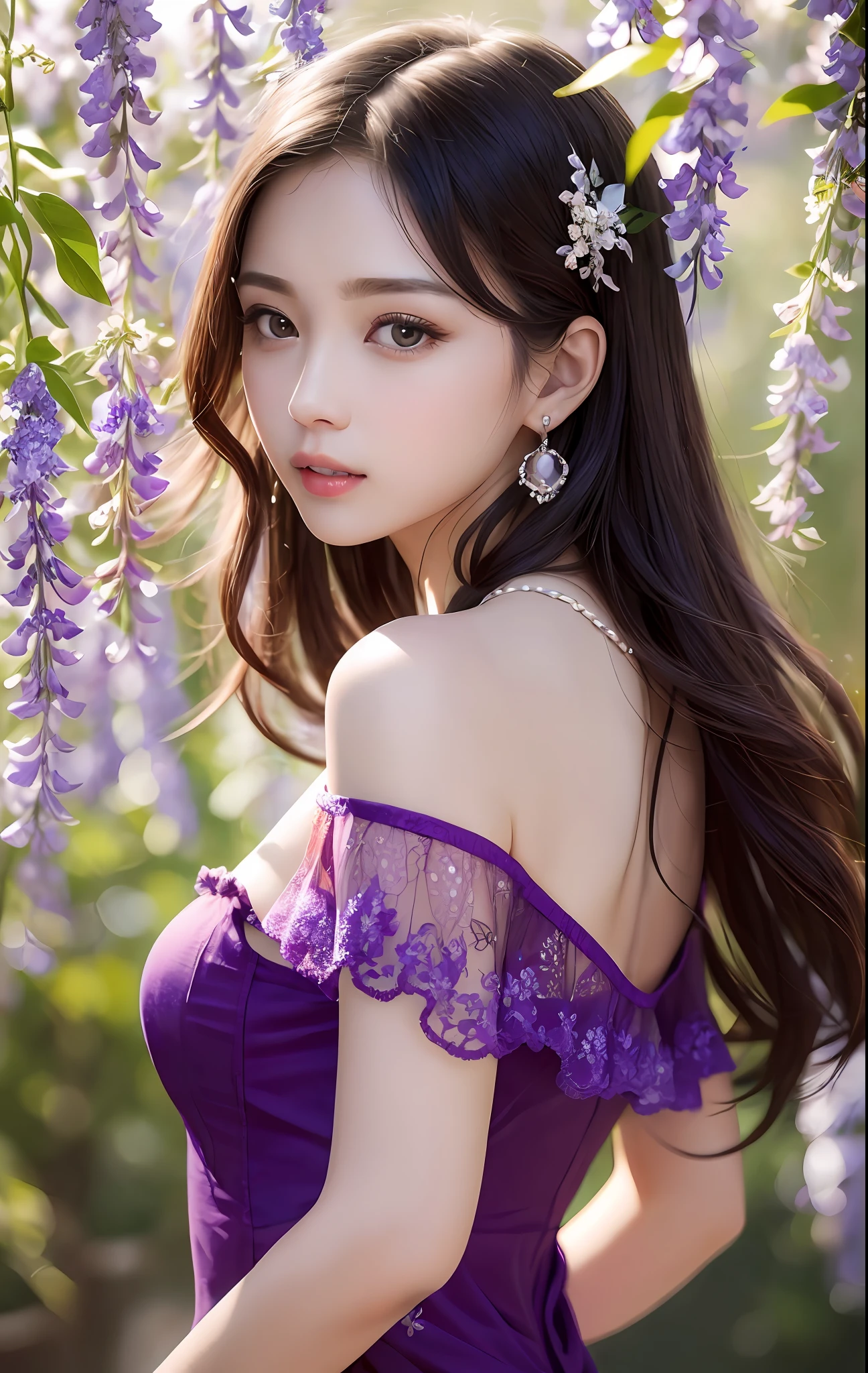 Beautuful Women、(top-quality、in 8K、32K、masterpiece、nffsw:1.3)、(Photorealsitic:1.4)、realisitic:1.2、Detailed skin、Elegant Pose、Sunglare、lensflare、Detailed shading by sunlight、depth of fields、blurry backround、( Blue off-the-shoulder dress)、Wisteria shelf、Wisteria flowers、ear ornament、lady's、a necklace、(A sexy:1.2)、breastsout、