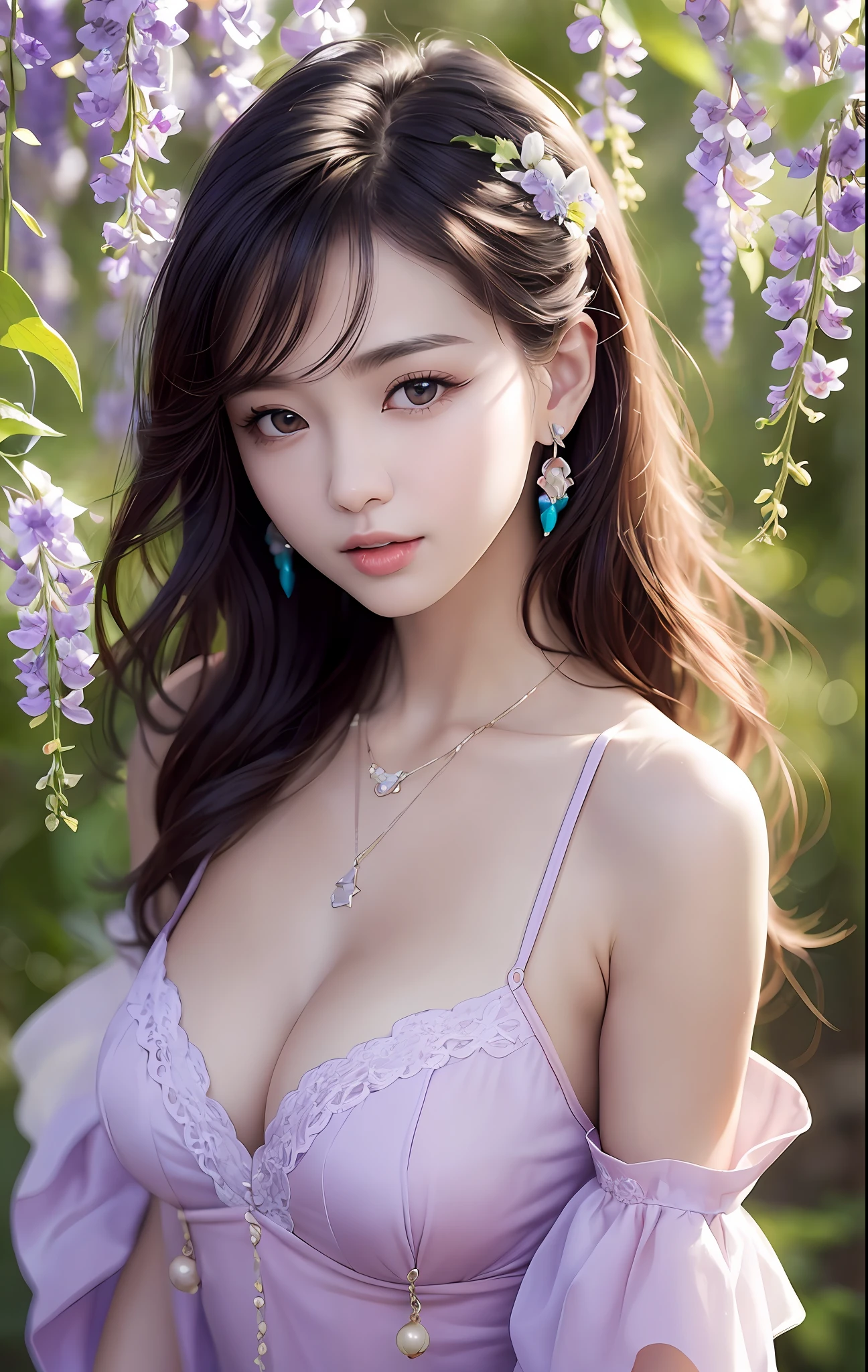 Beautuful Women、(top-quality、in 8K、32K、​masterpiece、nffsw:1.3)、(Photorealsitic:1.4)、realisitic:1.2、Detailed skin、Elegant Pose、Sunglare、lensflare、Detailed shading by sunlight、depth of fields、blurry backround、( Blue off-the-shoulder dress)、Wisteria shelf、Wisteria flowers、ear ornament、lady's、a necklace、(A sexy:1.2)、breastsout、