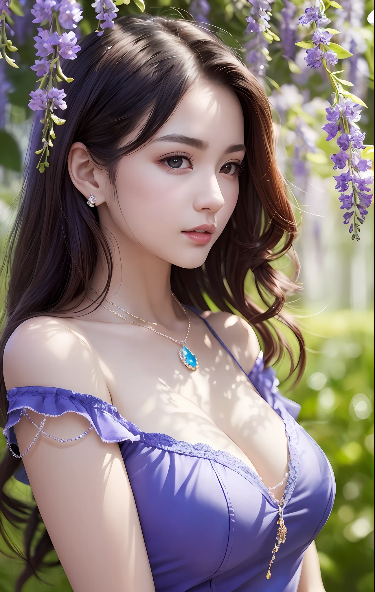 Beautuful Women、(top-quality、in 8K、32K、masterpiece、nffsw:1.3)、(Photorealsitic:1.4)、realisitic:1.2、Detailed skin、Elegant Pose、Sunglare、lensflare、Detailed shading by sunlight、depth of fields、blurry backround、( Royal Blue Off-Shoulder Dress)、Wisteria shelf、Wisteria flowers、ear ornament、lady's、a necklace、(A y:1.2)、bre、