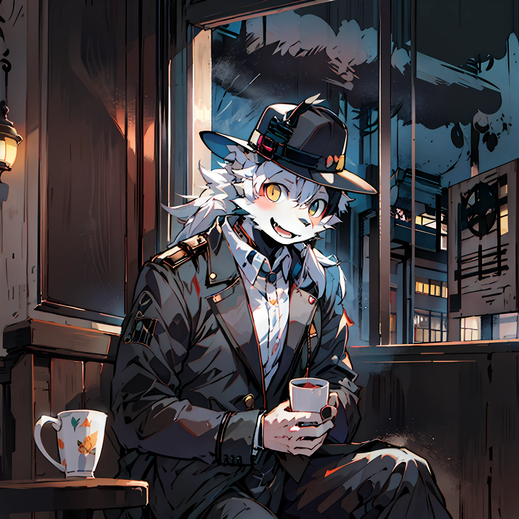 Anime characters sitting on benches in dark rooms，City view, fursona wearing stylish clothes, commission for high resolution, tipping his fedora, trending on artstation pixiv, By Yuumei, noir detective and a fedora, High-quality fanart, well - dressed, From cryptid academia, trigger anime artstyle, official character illustration, Detailed fanart