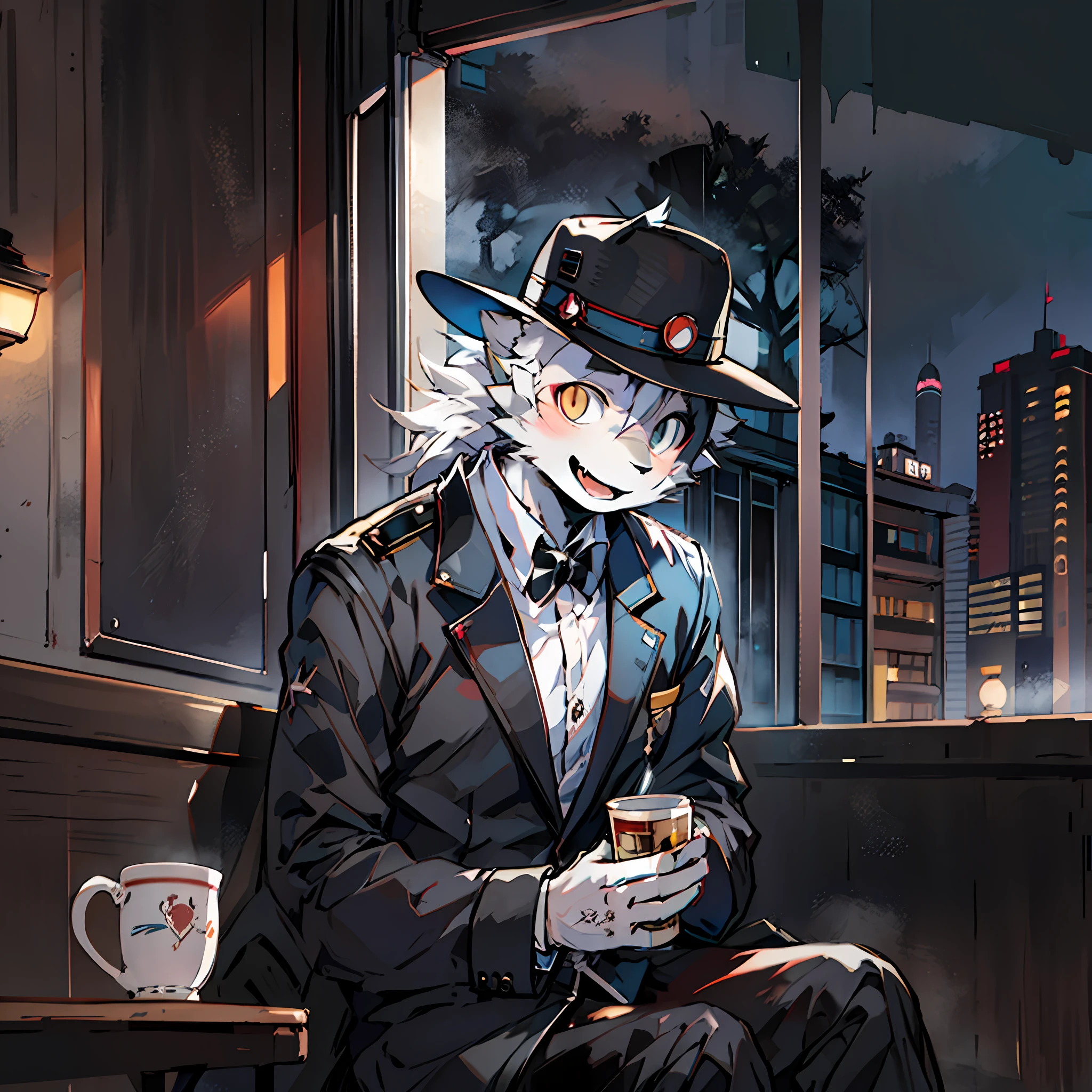Anime characters sitting on benches in dark rooms,City view, fursona wearing stylish clothes, commission for high resolution, tipping his fedora, trending on artstation pixiv, By Yuumei, noir detective and a fedora, High-quality fanart, well - dressed, From cryptid academia, trigger anime artstyle, official character illustration, Detailed fanart