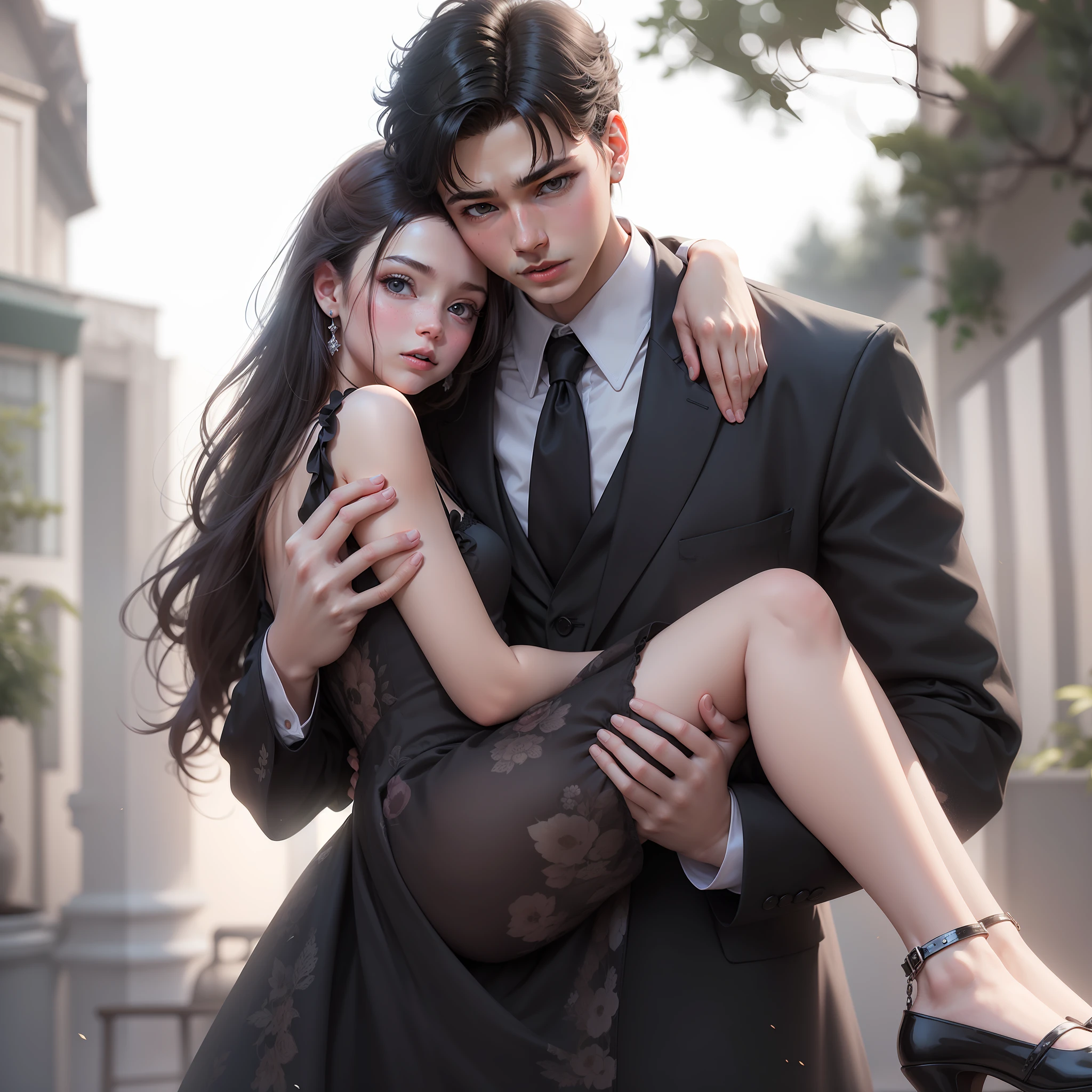 Boy princess holding girl，Girls in small black dresses