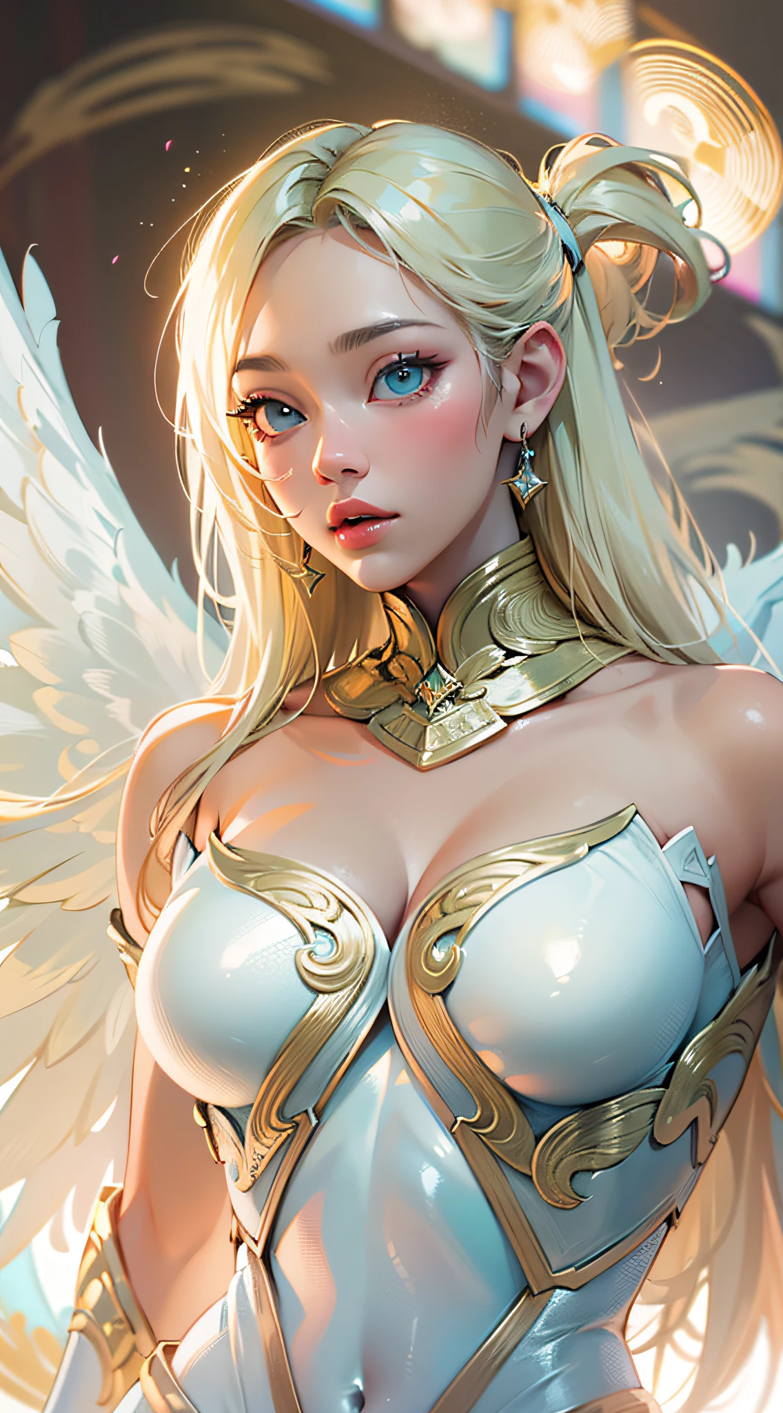 ((Masterpiece)), best quality, absurderes, ultra detailed, super beautiful asian girl with beautiful eyes, beautiful glowing blonde hair, high ponytail, nice and sexy body, coming down from heaven wearing a beautiful fighting angel outfit, with most beautiful wings coming from her back, full of light and luminescence, very immersive, unique and beautiful, top angel