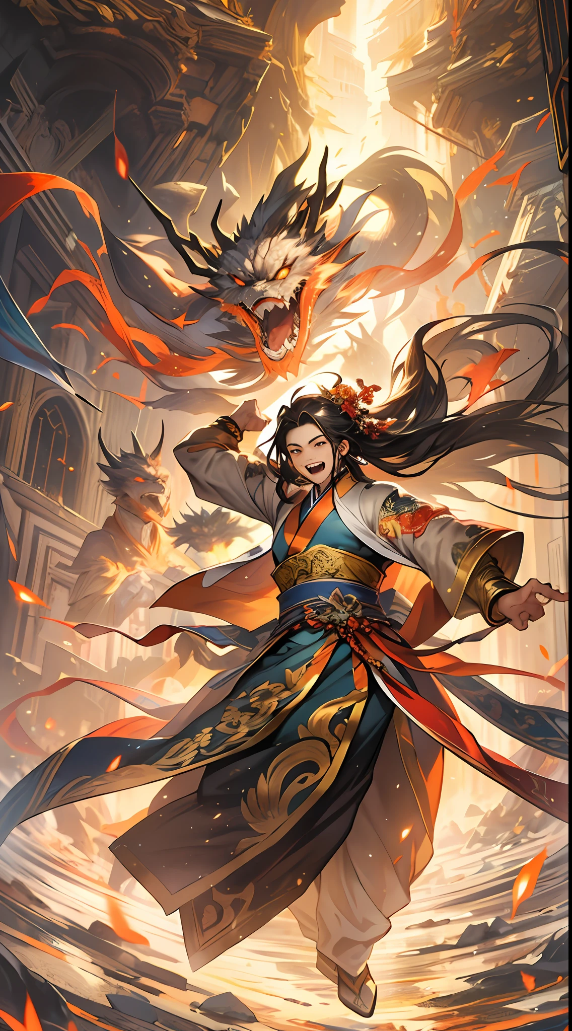 Members of the Ling Shan group cheering and jumping with excitement and joy. Li Gu stands under a radiant pillar of light, surrounded by a mysterious glow. His power is constantly growing, and the air around him seems to be tense. , 32k, best quality, masterpiece, super detail, high details,