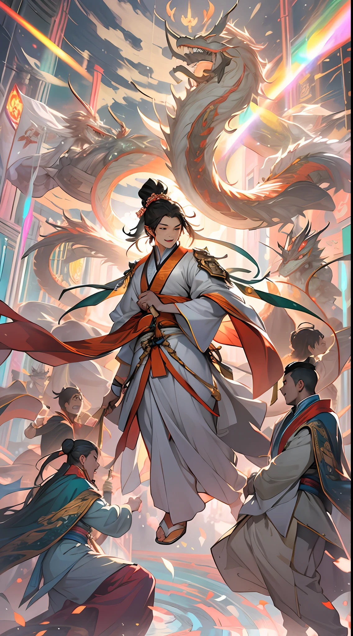 Members of the Ling Shan group cheering and jumping with excitement and joy. Li Gu stands under a radiant pillar of light, surrounded by a mysterious glow. His power is constantly growing, and the air around him seems to be tense. , 32k, best quality, masterpiece, super detail, high details,