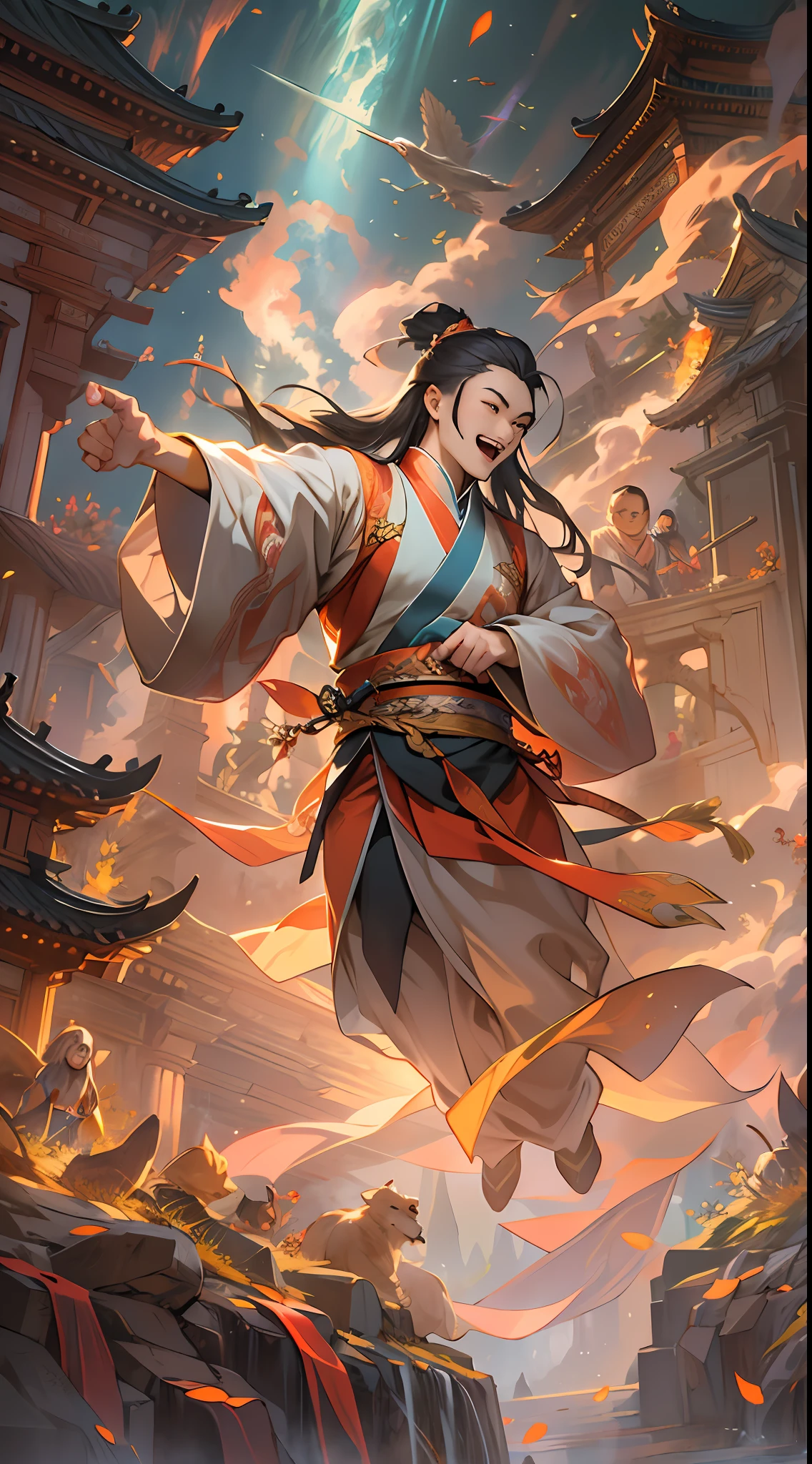 Members of the Ling Shan group cheering and jumping with excitement and joy. Li Gu stands under a radiant pillar of light, surrounded by a mysterious glow. His power is constantly growing, and the air around him seems to be tense. , 32k, best quality, masterpiece, super detail, high details,