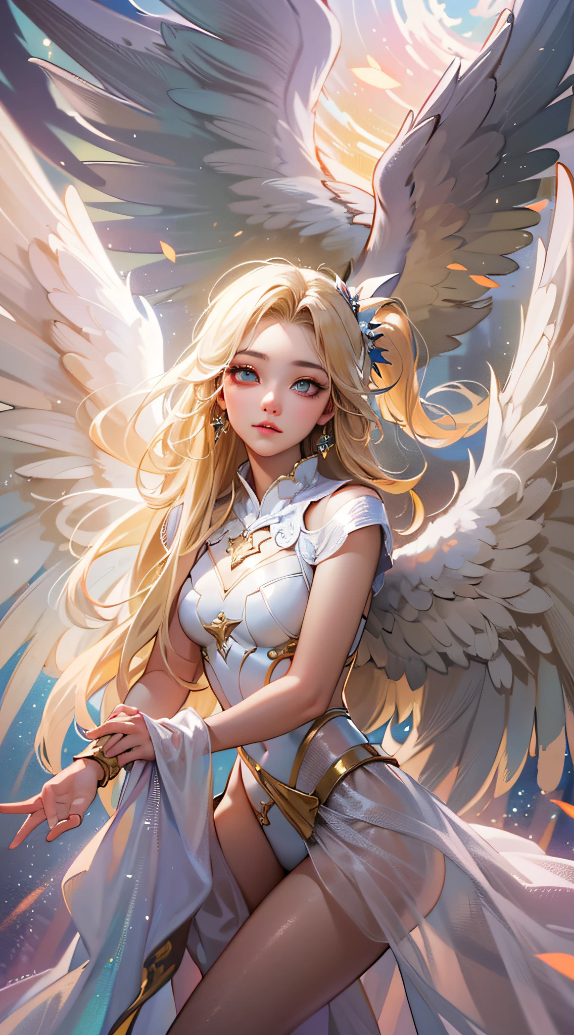 ((Masterpiece)), best quality, absurderes, ultra detailed, super beautiful asian girl with beautiful eyes, beautiful glowing blonde hair, high ponytail, nice and sexy body, coming down from heaven wearing a beautiful fighting angel outfit, with most beautiful wings coming from her back, full of light and luminescence, very immersive, unique and beautiful, top angel