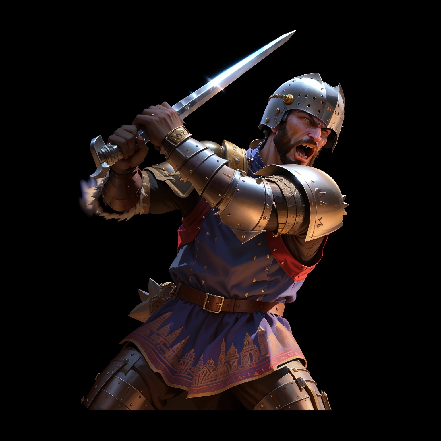 Very wide open mouth,irate,rampage,whoop,Warriors in armor,swing the sword,whoop,rampage,cool guy,medieval times,Mighty,Domineering,Ultimate light and shadow effects,Rich colors,Very dynamic,From complete visual tension,Explosive feeling,