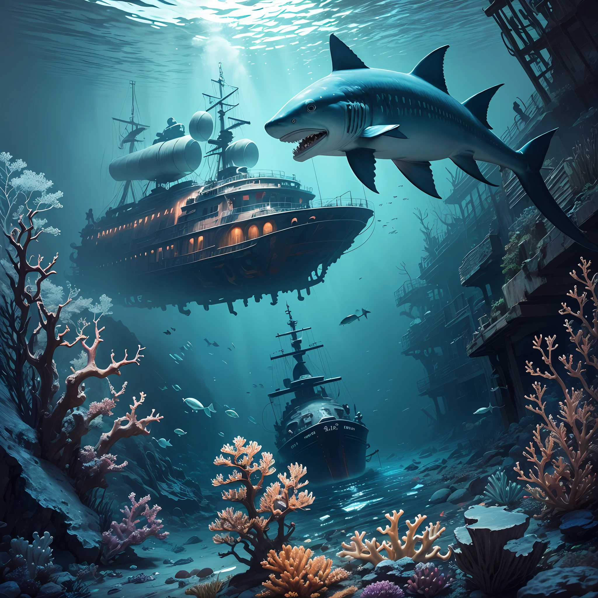 ((deep sea, underwater)), fish, shark, coral, ((shipwreck))