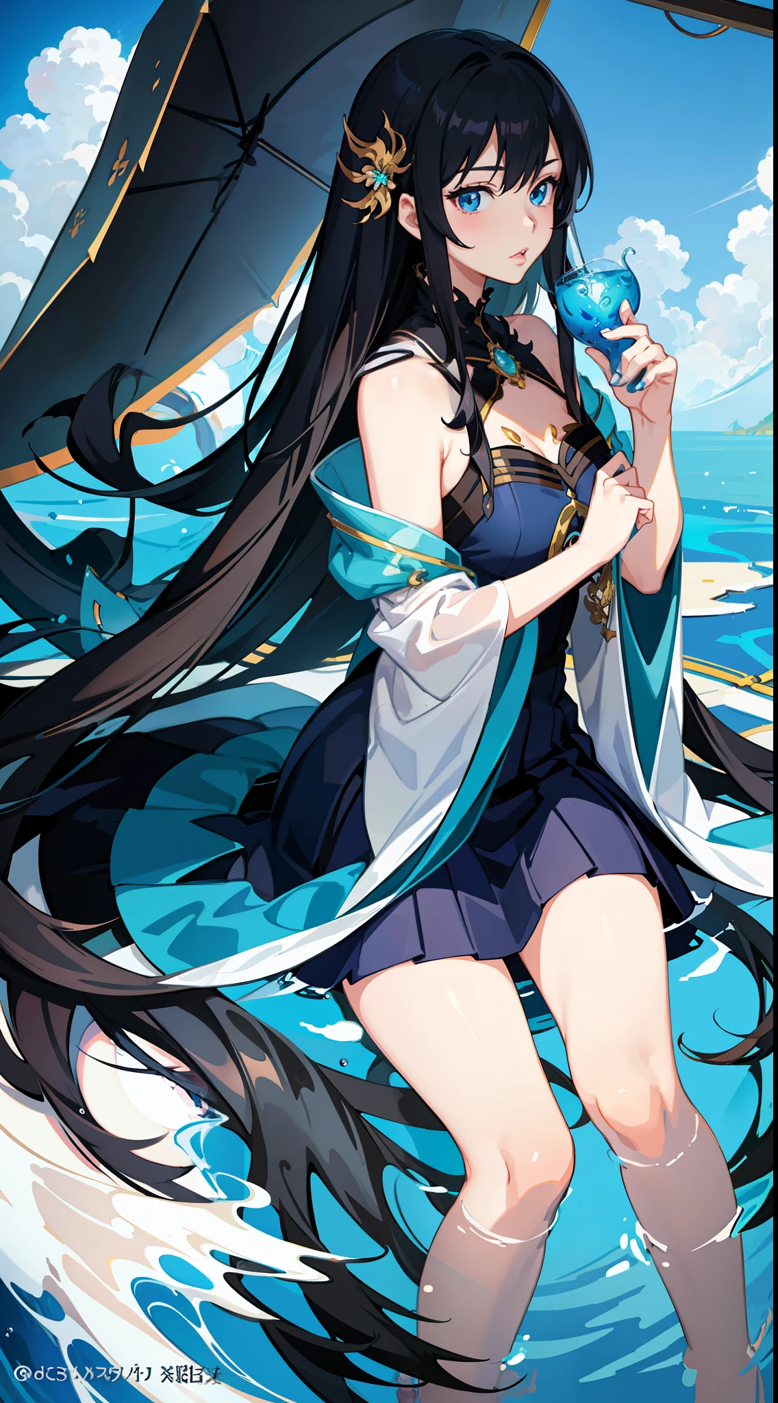 Anime girl with long black hair and blue dress in water, Detailed digital anime art, Guviz, wallpaper anime blue water, clean and meticulous anime art, Guviz-style artwork, Guweiz in Pixiv ArtStation, a beautiful anime portrait, Guweiz on ArtStation Pixiv, detailed portrait of an anime girl, Digital anime illustration