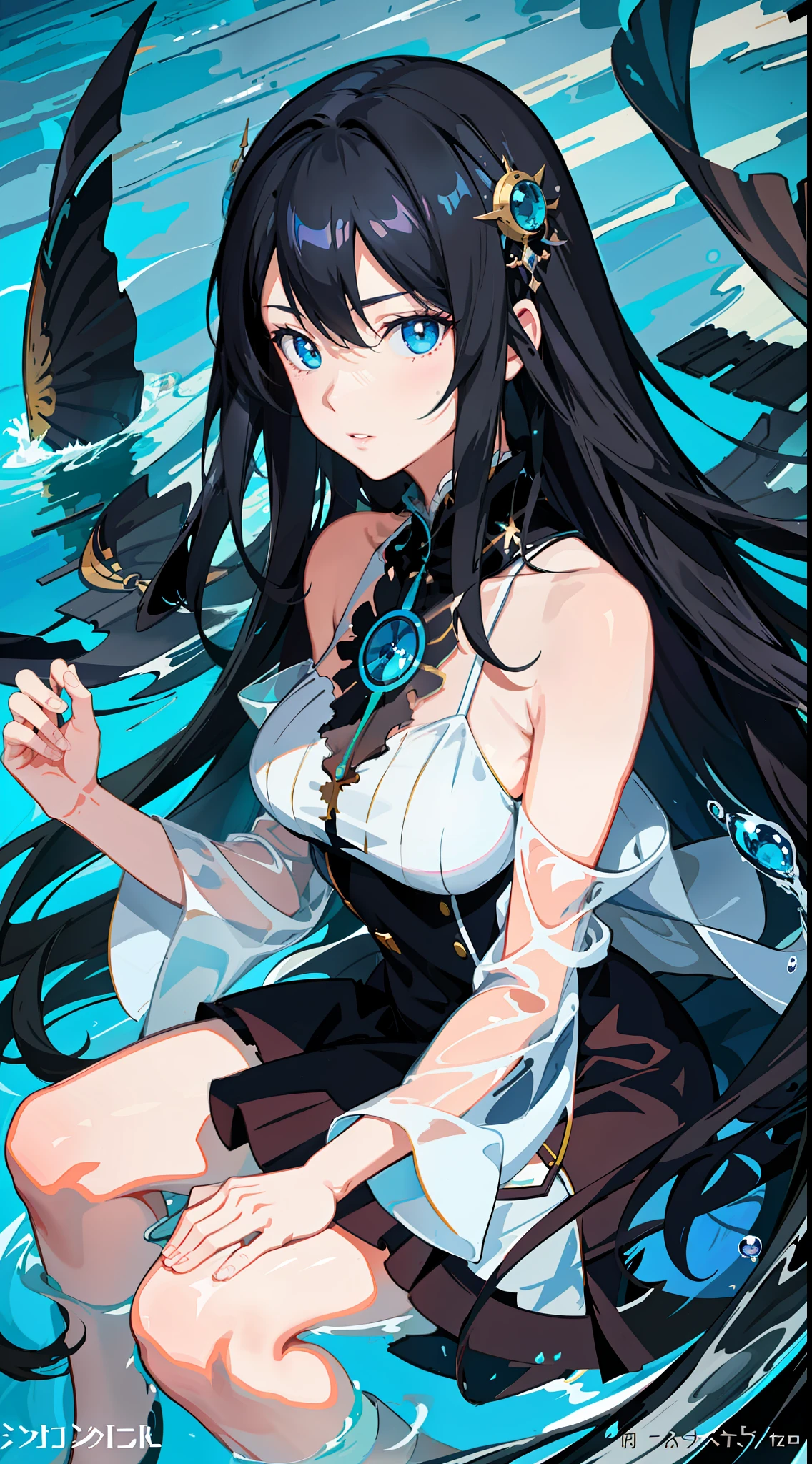 Anime girl with long black hair and blue dress in water, Detailed digital anime art, Guviz, wallpaper anime blue water, clean and meticulous anime art, Guviz-style artwork, Guweiz in Pixiv ArtStation, a beautiful anime portrait, Guweiz on ArtStation Pixiv, detailed portrait of an anime girl, Digital anime illustration