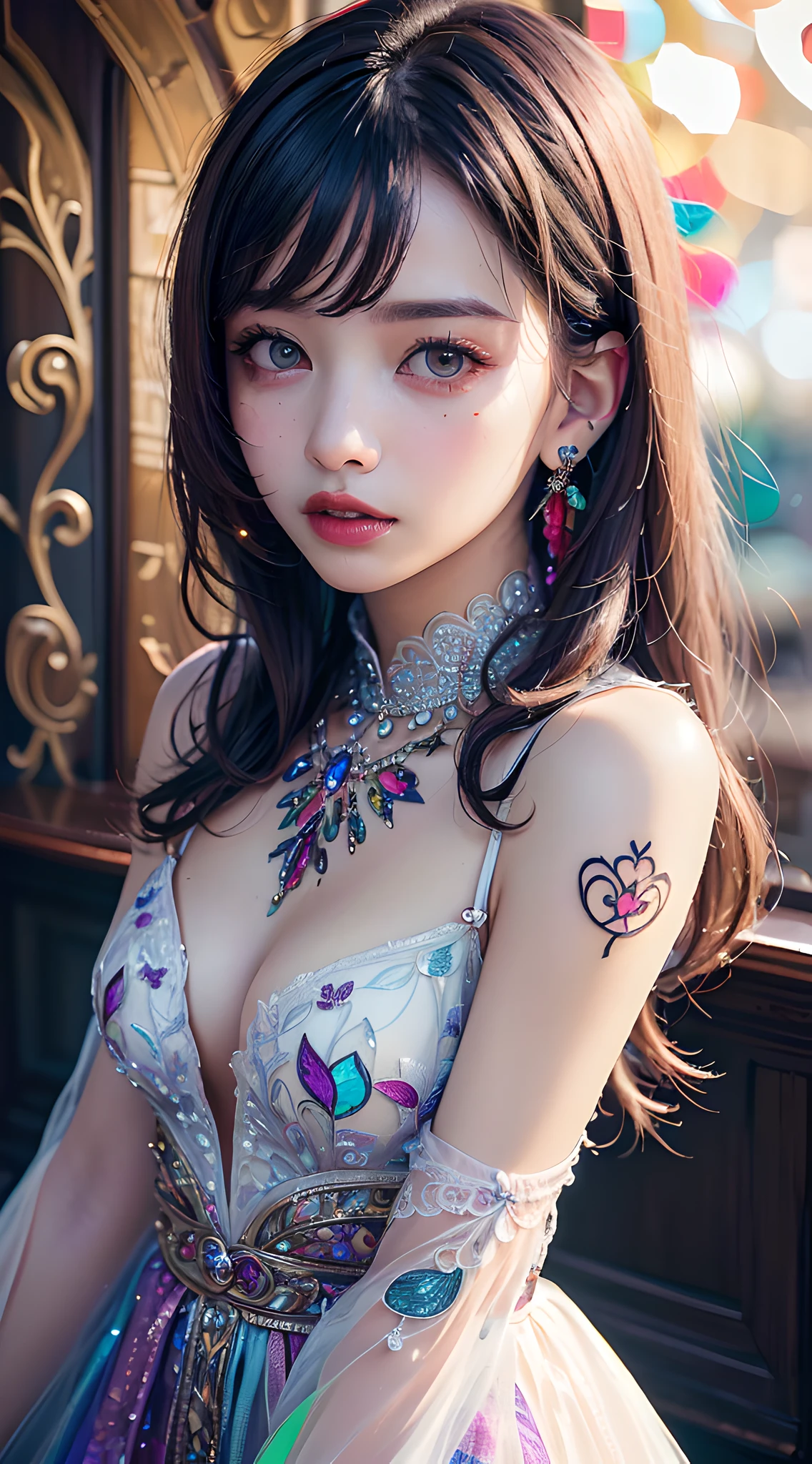 (masterpiece, best quality:1.4), delicate girl, solo, (upper body:1.2), violaceaess, 8k, absurdres, black eyes, (dress, graceful pose:1.2), detailed embroidery, detailed tattoo, close up face, (vivid colors:1.6), clear lighting, detailed face, stainedglassai, (night, dark background:1.5), (bokeh background:1.8), (multicolored hair, white hair:1.2)