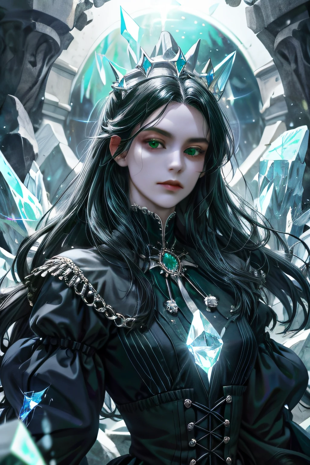 (absurdres, highres, ultra detailed), (1girl, solo, mature, long hair), black hair, dress, long sleeve, looking at viewer, solo, upper body, detailed background, close up, cold detailed face, (victorian theme:1.1), crystal mage, levitating, dynamic pose, elemental rock themed clothes, crystal crown, rocks floating in the air, glowing shards, surrounded by green jewels, magical floating particles, crystal landscape background, (shallow water:0.7), cinematic ethereal atmosphere, reflections, updraft,, upper body, dutch angle