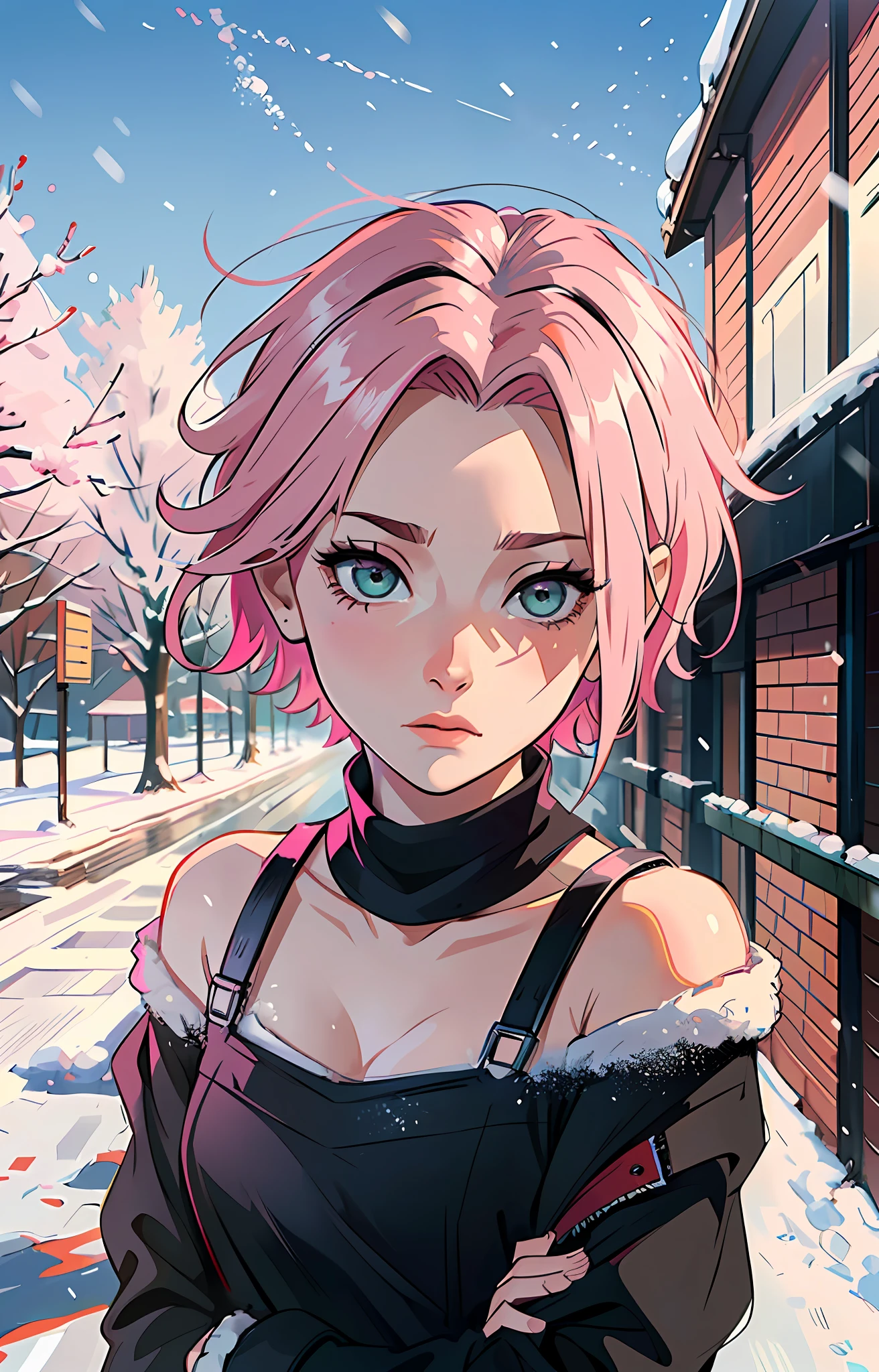 Sakura haruno, ((solo)), alone, ((forehead to show)), elegant,wearing black sweater, pink hair, delicate, young, short hair, detailed face, high definition, ((full body)), (snow around her), whole body, ((snowy day)), looking at the sky, she is a beautiful woman contemplating the snow, face with high quality, love