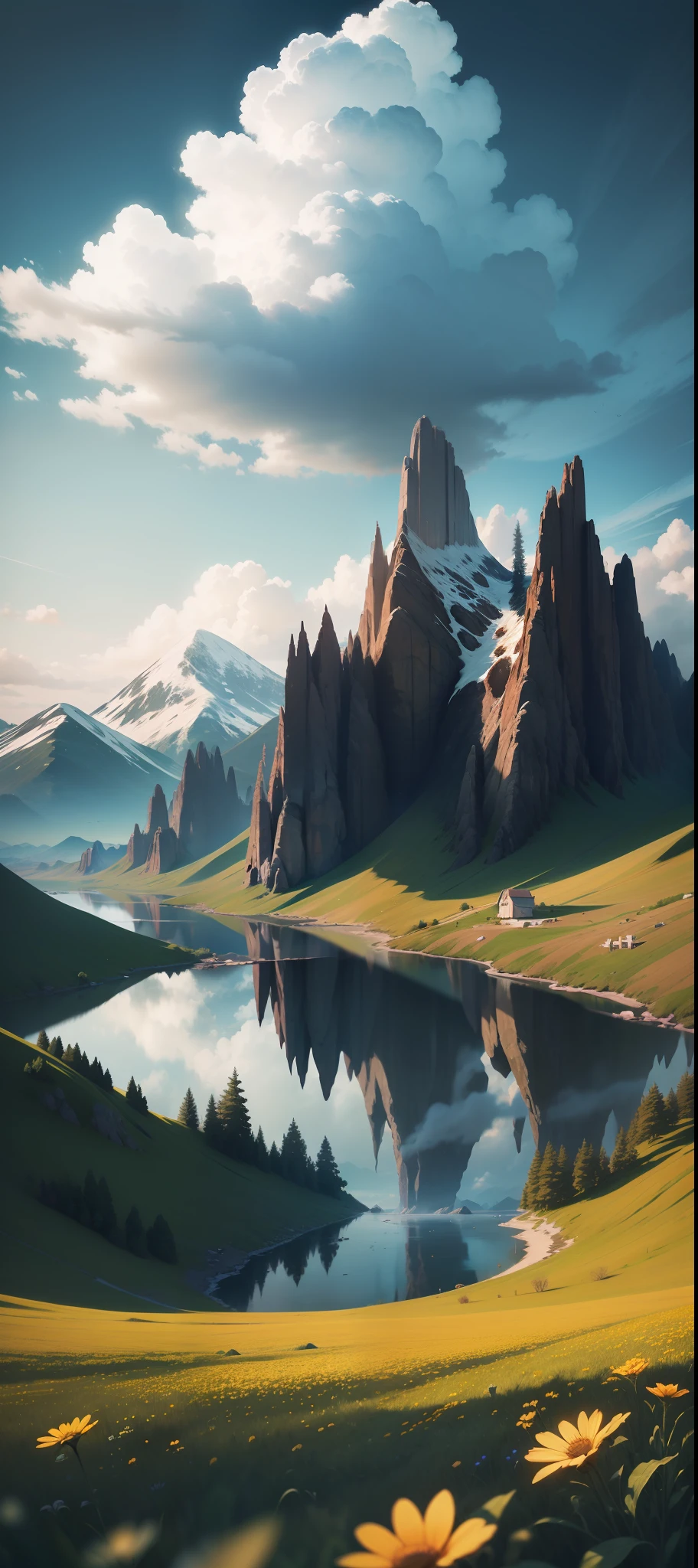 Summer, meadows, a few small flowers, clear lakes, sheep, heaven, large clouds, blue sky, hot weather, HD detail, hyper-detail, cinematic, surrealism, soft light, deep field focus bokeh, distant vistas are snowy mountains, ray tracing, and surrealism. --v6