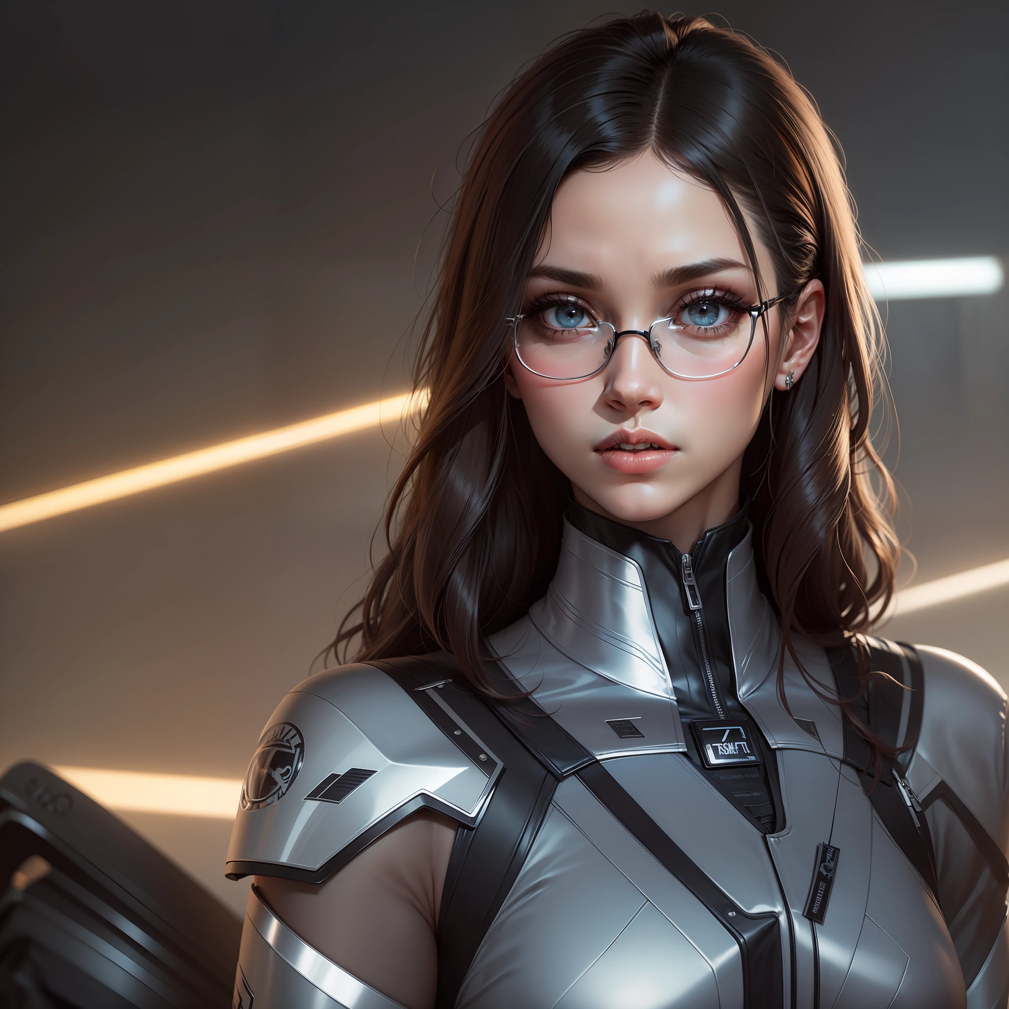 Give a half glasses on her left eye, change the colour of the suits with black