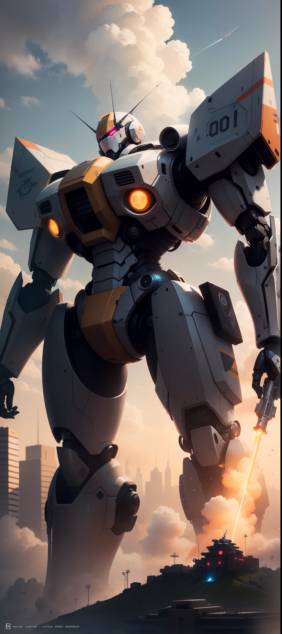 sky, cloud, holding_weapon, no_humans, glowing, , robot, building, glowing_eyes, mecha, science_fiction, city, realistic,mecha