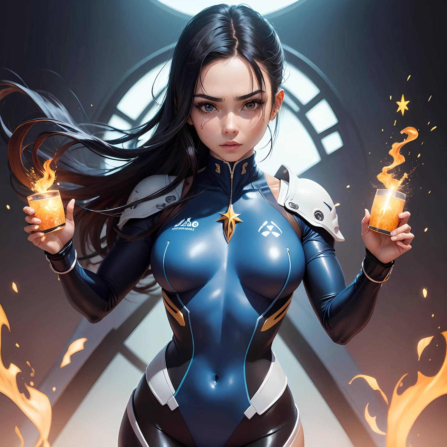 estilo JCM2, 4k, Azula, avatar the last airbender, Evangelion Plugsuit Skinsuit, peito grande, olhos azuis, cabelo preto, sneaking into the camera, holding a flame in your hands, Vicky, magical godfathers, melhor qualidade, alto, extremely high quality, Absurdo, Azula3, pele clara, Traditional media, (pintura \(medium\)), pulseira, Cabelos Longos, topo de corte, diafragma, umbigo, olhos expressivos afiados, rosto perfeito, quadris largos, linearidade espessa, liso, fundo lindamente detalhado da margem do rio, anime composition, batom, maquiagem, Olhando para o Viewer, parte superior do corpo, piso, blue skies, (Absurdo), princesa caucasiana furiosa pronta para a guerra, white kinetic skin with exposed white muscles, mulher gostosa, sculptural body with defined muscles, boca fechada, muscular body covered by a swimsuit, whole body covered by neon style plugsuit Genesis evangelion, ((seios grandes)), (olhos com maquiagem pesada e bem preta), (((cabelo desalinhado)), ((Drawings of golden stars on the arms)), very long eyelashes, maquiagem pesada nos olhos, niji --V5, near the anime, Pose sexy --auto