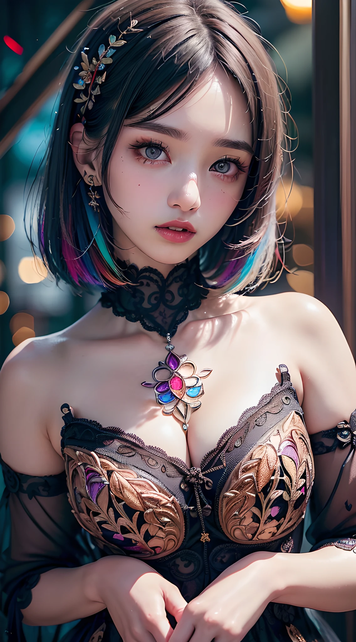 (masterpiece, best quality:1.4), delicate girl, solo, (upper body:1.2), violaceaess, 8k, absurdres, black eyes, (dress, graceful pose:1.2), detailed embroidery, detailed tattoo, close up face, (vivid colors:1.6), clear lighting, detailed face, stainedglassai, (night, dark background:1.6), (bokeh background:1.8), (multicolored hair, white hair:1.2)