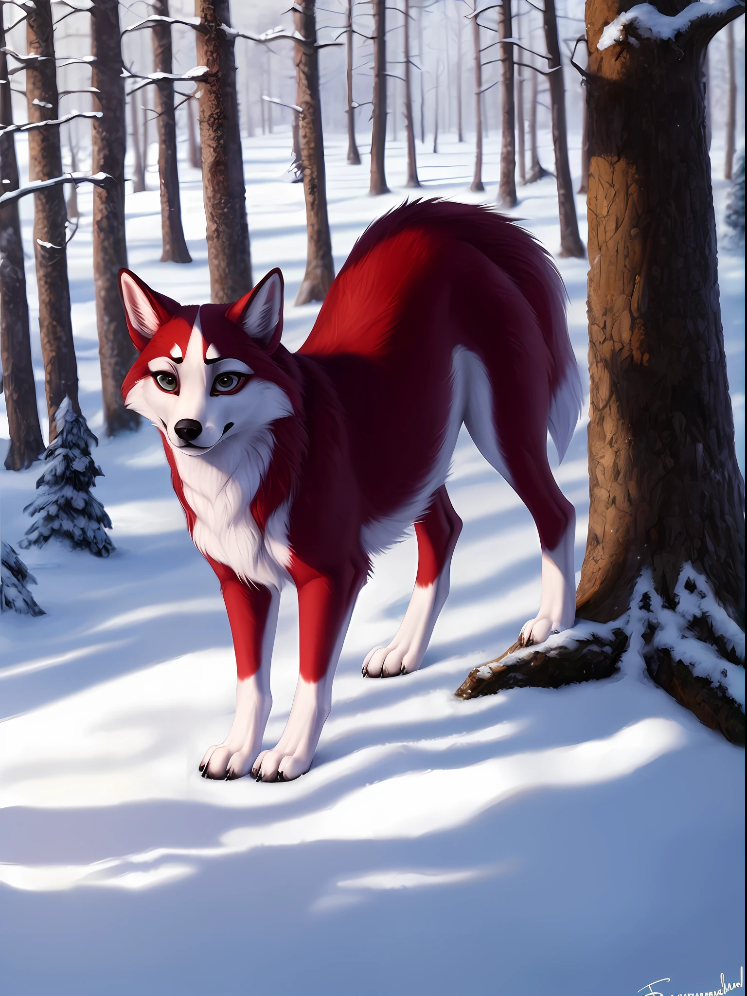 von Personalami, Jenna, Jenna aus Balto, feral, feral Jenna, weiblich, (detailliert), flauschig, solo, 1girl, fotorealistisch, ((klare strukturelle Details)), detaillierter Realismus, Detaillierte Augen, schlank, weich, 4K, excellent quality, hohe Details, detailliertes Fell, ((Schwanz richtige Position)), standing Position, im verschneiten Wald, winter Waldlandschaft, winter,