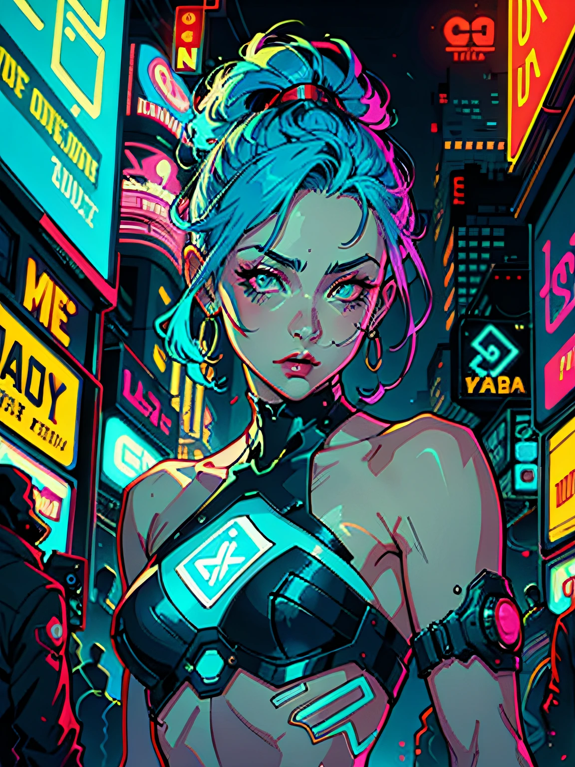 a digital painting of a woman with blue hair, cyberpunk art by Josan Gonzalez, behance contest winner, afrofuturism, synthwave, neon, glowing neon