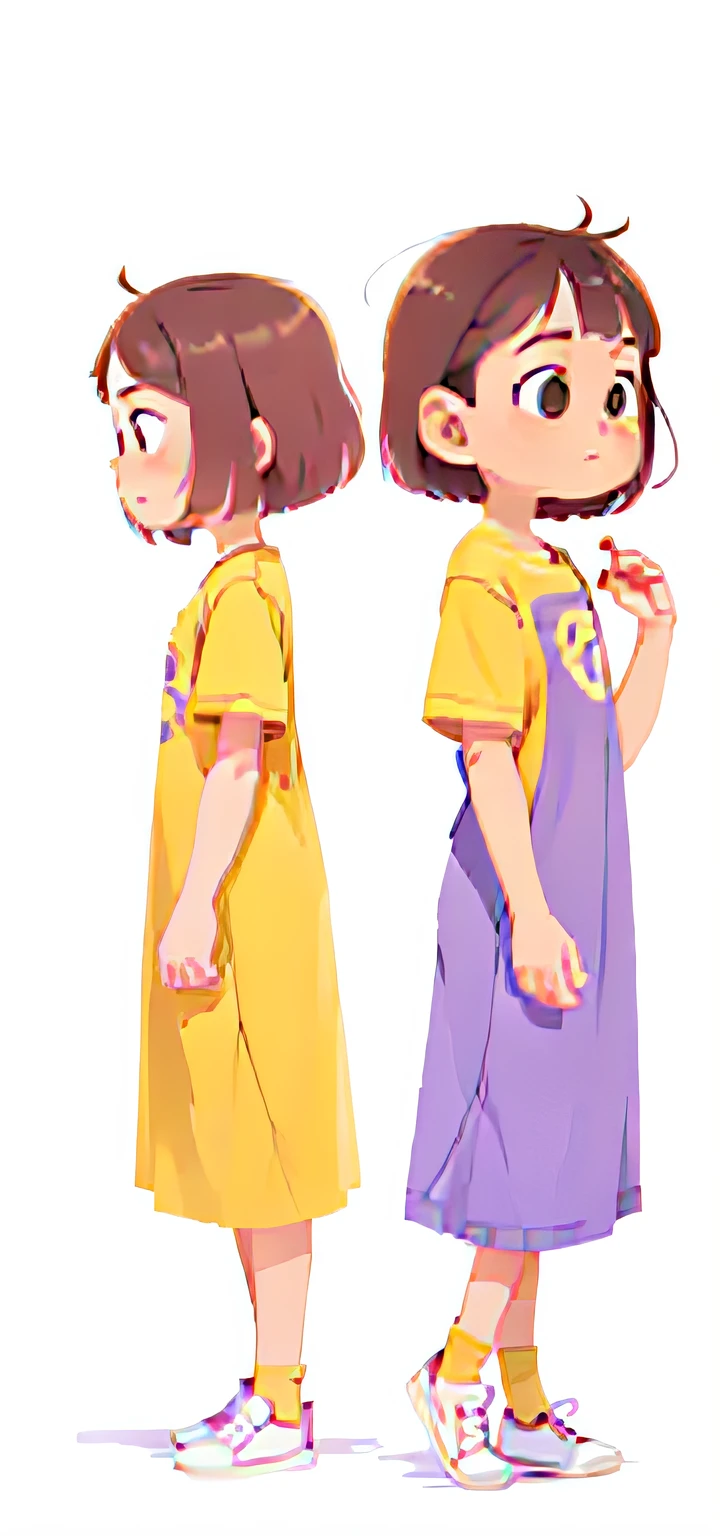 Side view, side character view, character rotate side, short hair character, full body illustration, purple long dress, yellow t shirt