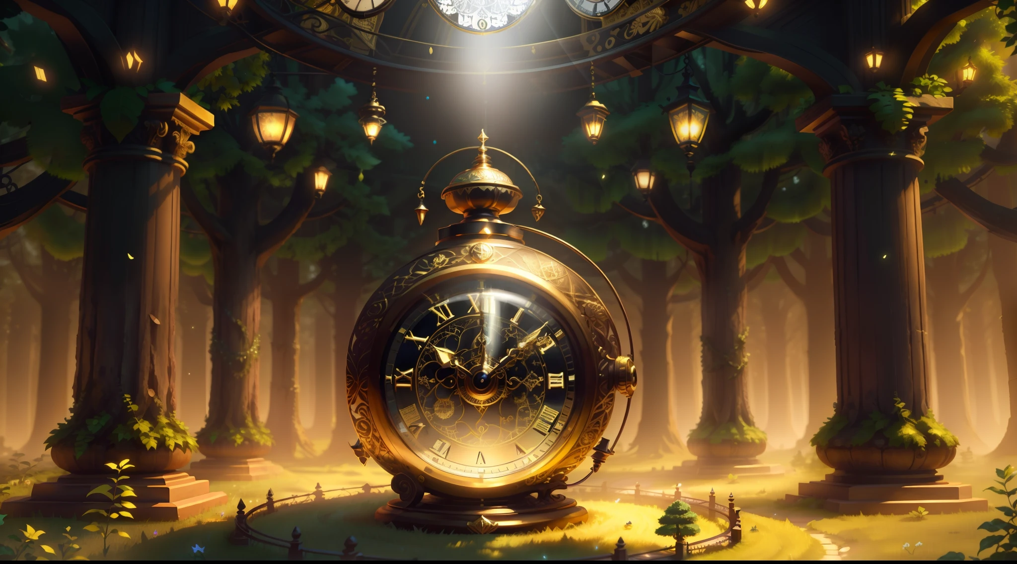 Photo of a large hand holding an antique gold watch, A mini city under the clock, magia-fantasia-floresta, Arte Digital, most amazing art in the world, ((Sem humanos)), light volumetric, cores suaves equilibradas, forest scenario, videiras, UHD, render de octanas 8k, Magia, Awesome, Ethereal, intrincado, design intrincado, Ultra sharp, Sombras, cores mais frias, trend in CGSociety, olhos brilhantes, ((melhor qualidade)), ((obra-prima)), (detalhado), antique clock