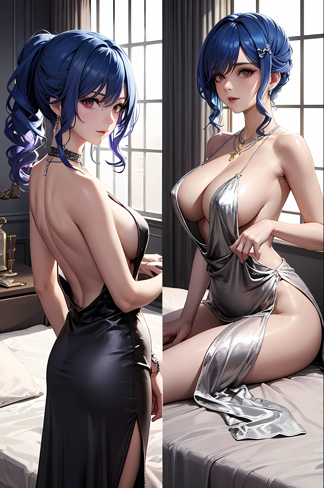 ((tmasterpiece,best qualtiy)), st louis\(Luxury wheels\) \(azur lane\), A high resolution, HighestQuali, illustratio, cinematric light, ultra - detailed, 详细的脸, (Detailed eyes), Best quality at best, ultra - detailed, tmasterpiece, (详细的脸),big cleavage breasts, hair adornments, 耳Nipple Ring, choker necklace, sportrait,, Professional suit lining, highest details, glowing light eyes, (Hotel:1.2), sit on a bed, sitted, Beds, janelas, nigh sky, The light from the back window is backlighted, llight rays, (hight contrast), (a color),barechested
