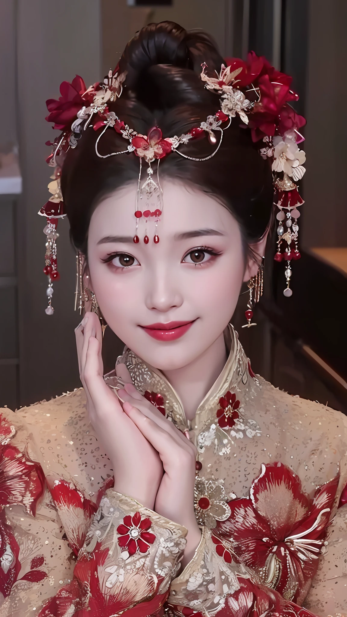 a close up of a woman wearing a red and gold dress, Chinese style, Chinese traditional, Traditional beauty, China Princess, traditional makeup, gorgeous chinese models, Chinese woman, Chinese girl, Cheongsam, ruan jia beautiful!, chinese empress, Wearing a red cheongsam, shaxi, Chinese costume, dilraba dilmurat, with ancient chinese aesthetic