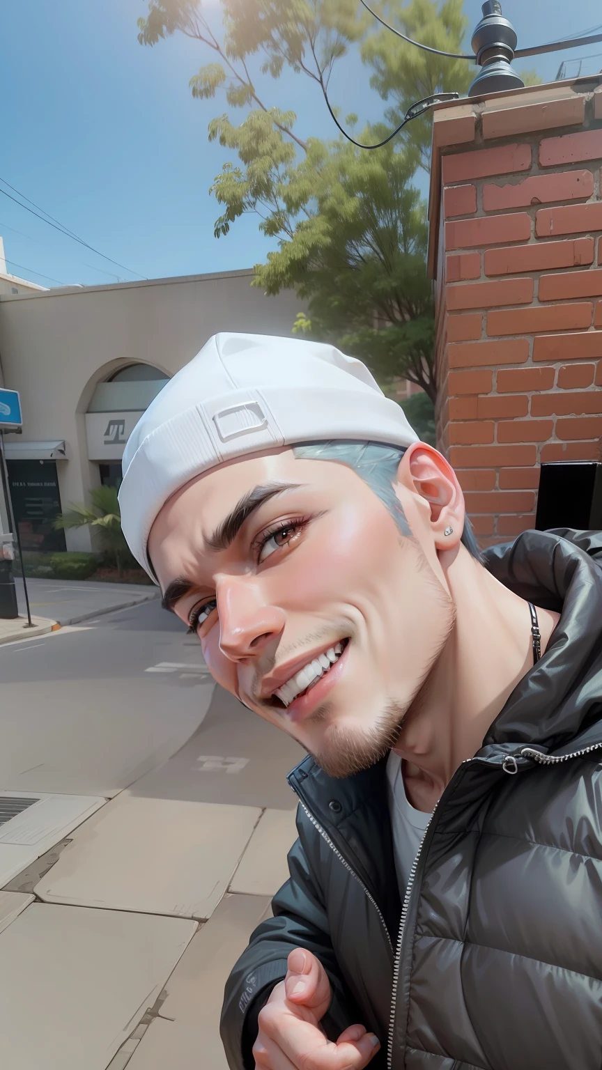 (estilo anime:1.2|estilo dos desenhos animados:0.8), Handsome man smiling with white cap, (8k:1.2) Artgerm Bokeh, cinematic pastel lighting, (hyper-realistic:0.8) estilo cyberpunk, estilo anime misturado com (Fujifilm:1.1). --auto